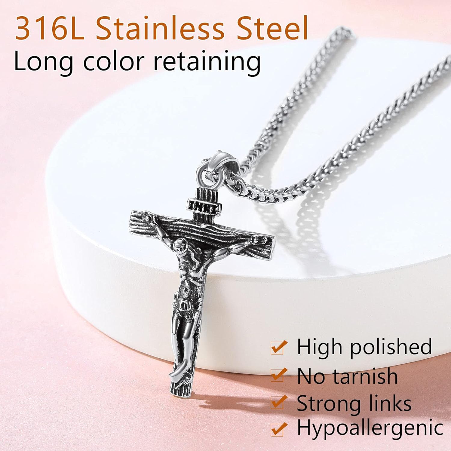 316L Stainless Steel Faith in God Jesus Christian Crucifix Cross Pendant Necklace