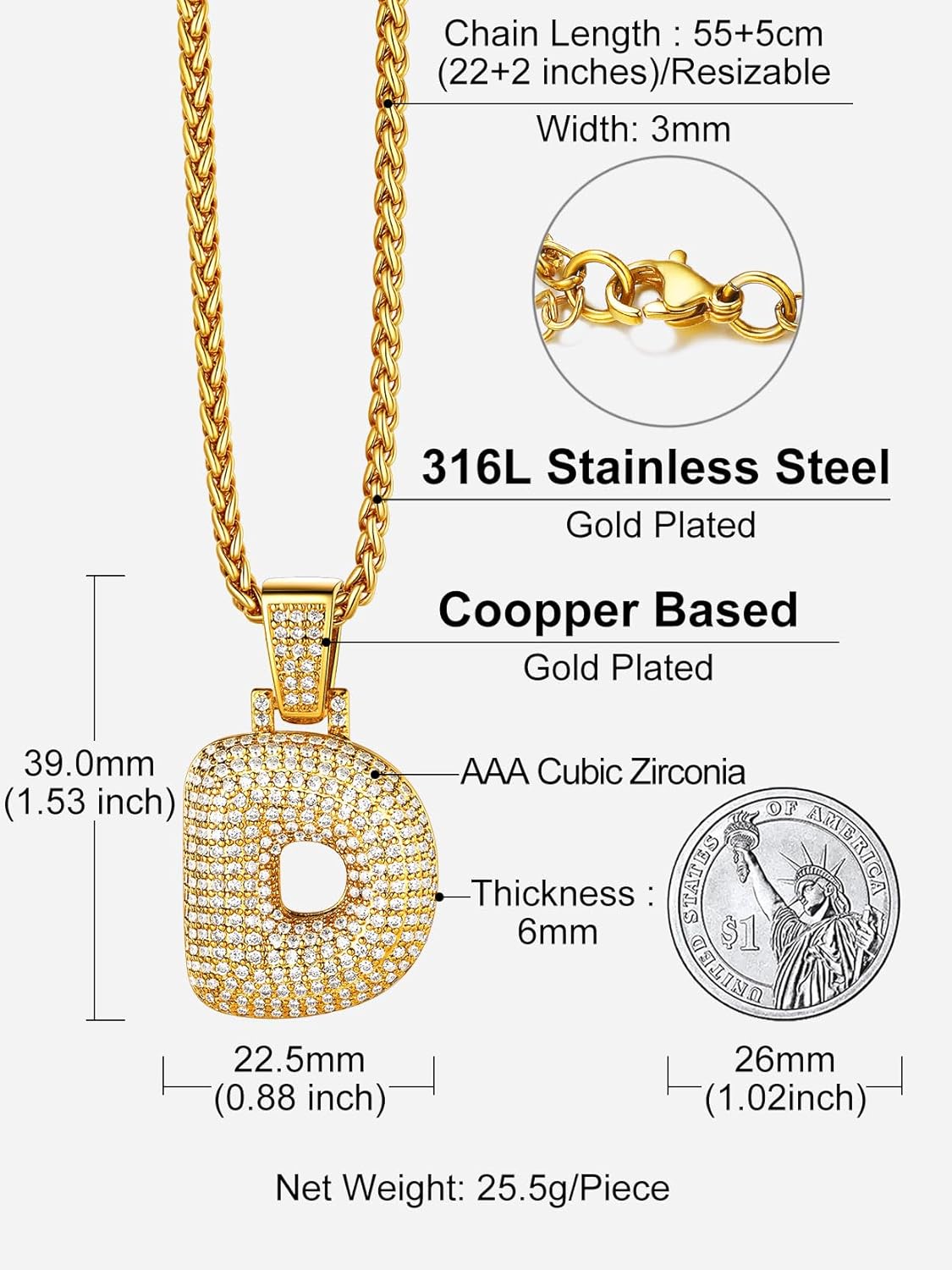 Initial Bubble D 18K Gold Plated Shiny Cubic Zirconia Monogram Pendant Necklaces