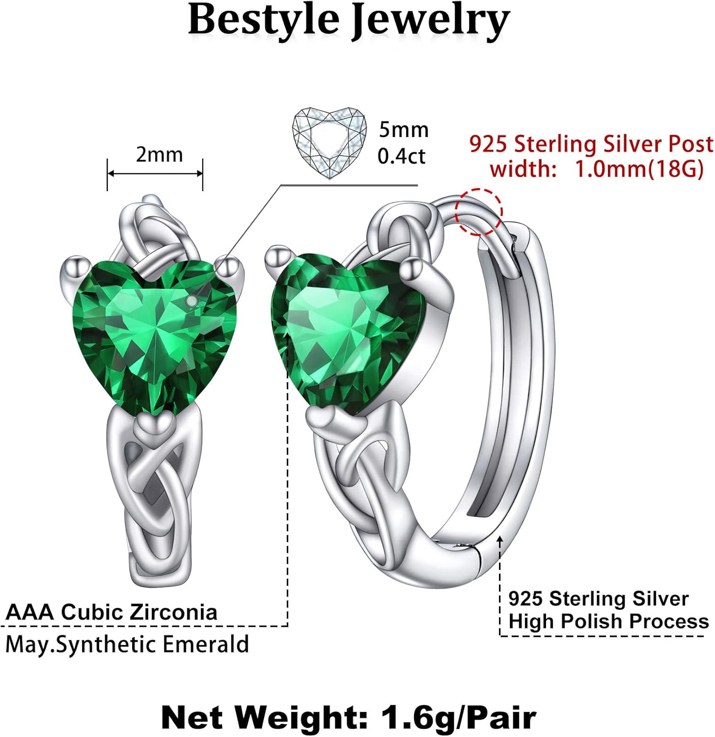 May Green Emerald Heart Celtic Knot Birthstone Hoop Earrings