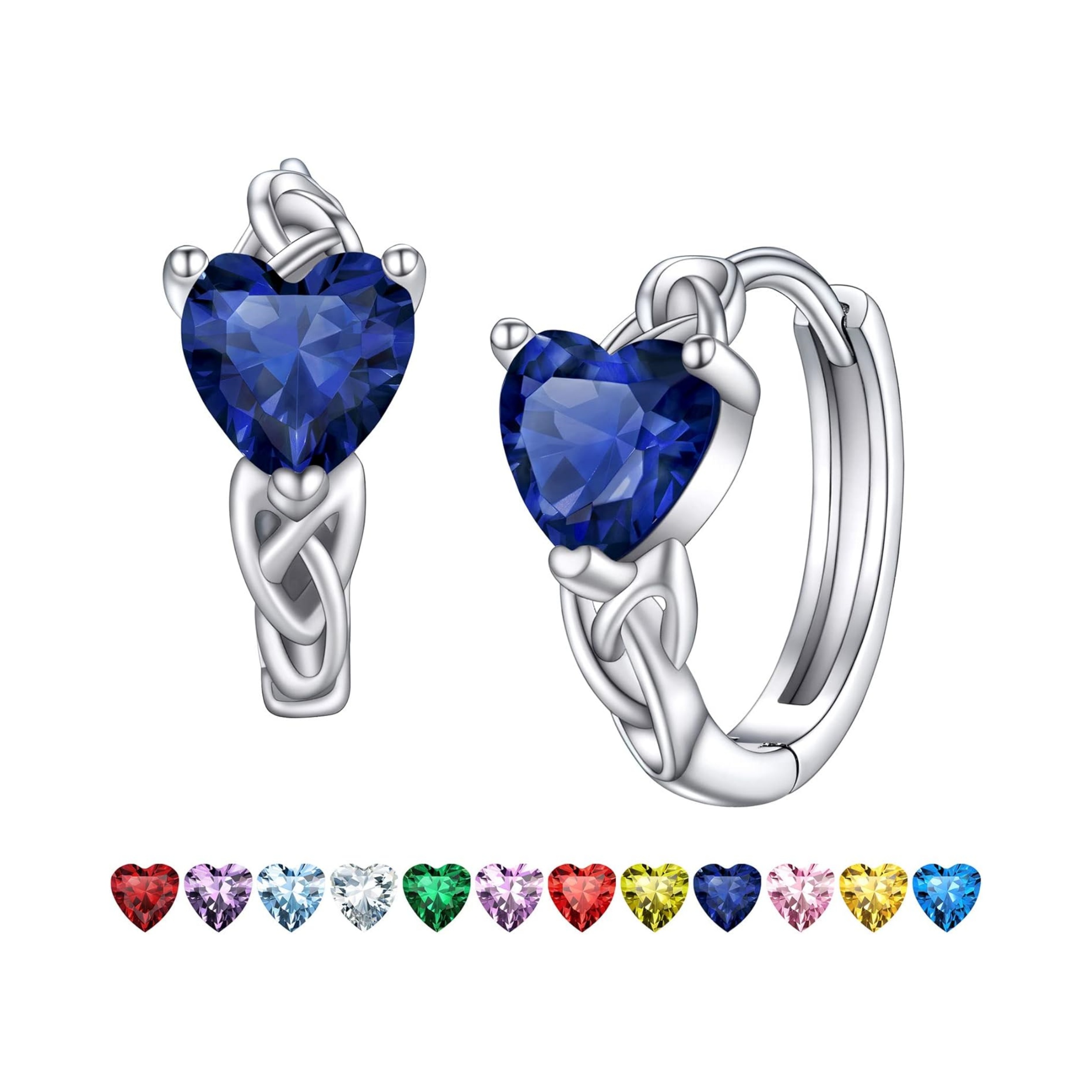 September Blue Sapphire Heart Celtic Knot Birthstone Hoop Earrings