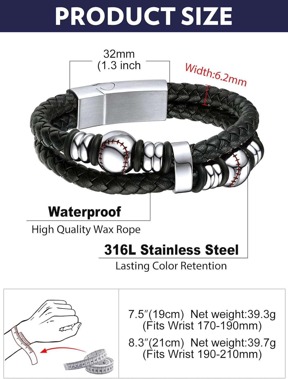 Double Row Black Braided Leather Wristband Baseball Beaded Bangle