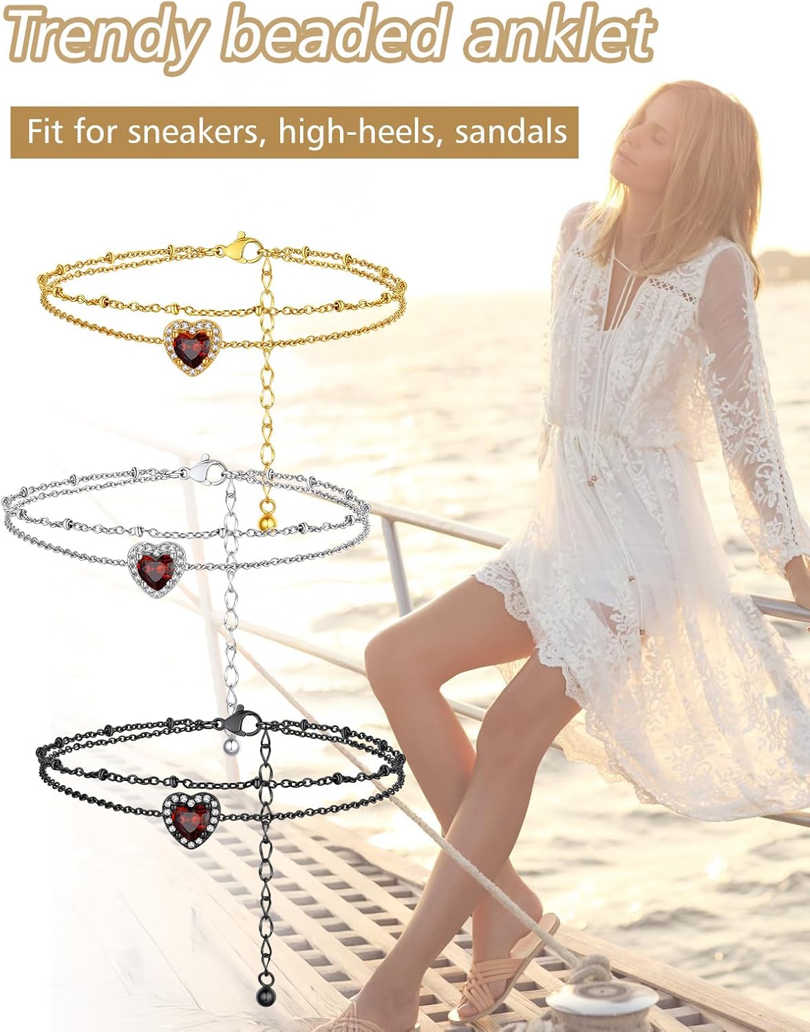 Layered Heart Birthstone Beaded Foot Chain Anklets