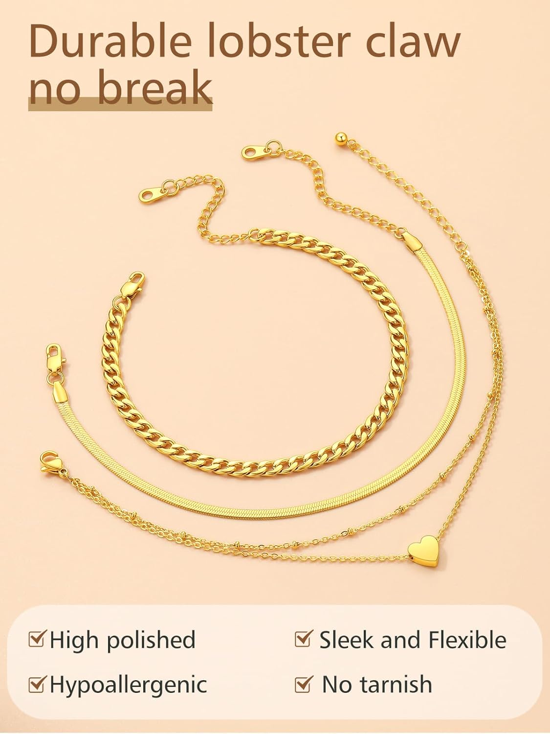 3PCS Cuban & Herringbone & Beaded Heart Ankle Set