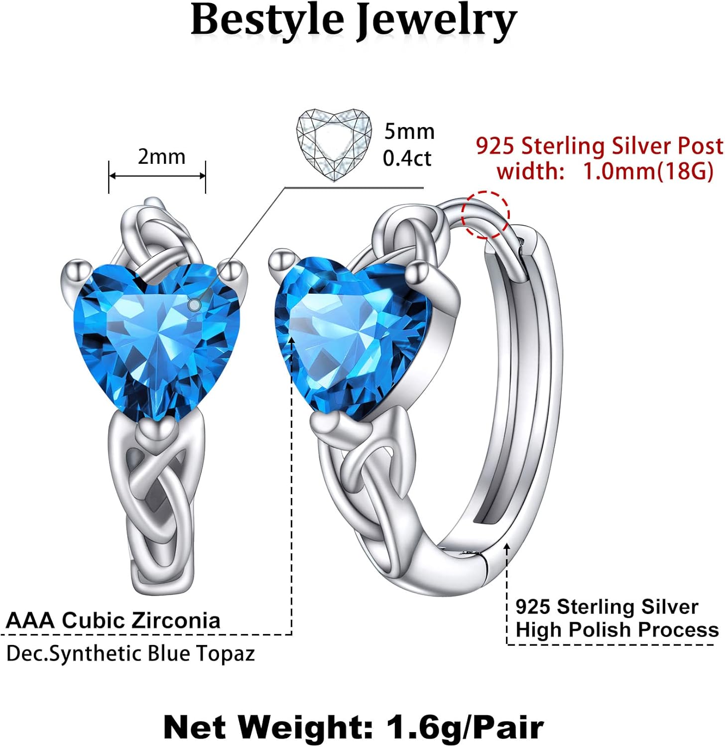 December Blue TopazHeart Celtic Knot Birthstone Hoop Earrings