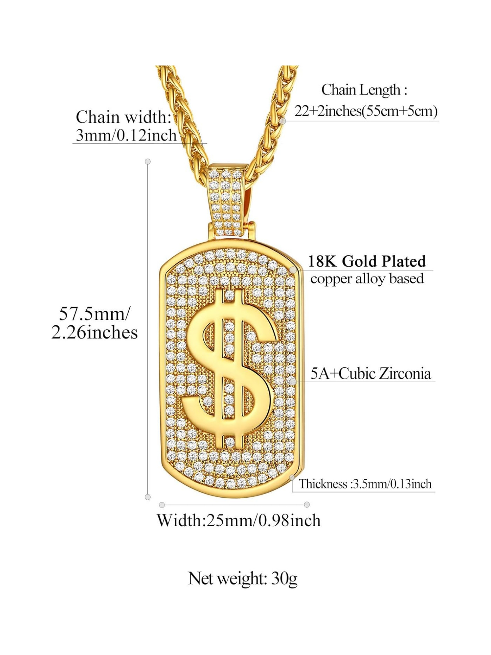 Money Chain Dog Tag Dollar Sign Cubic Zirconia Necklaces