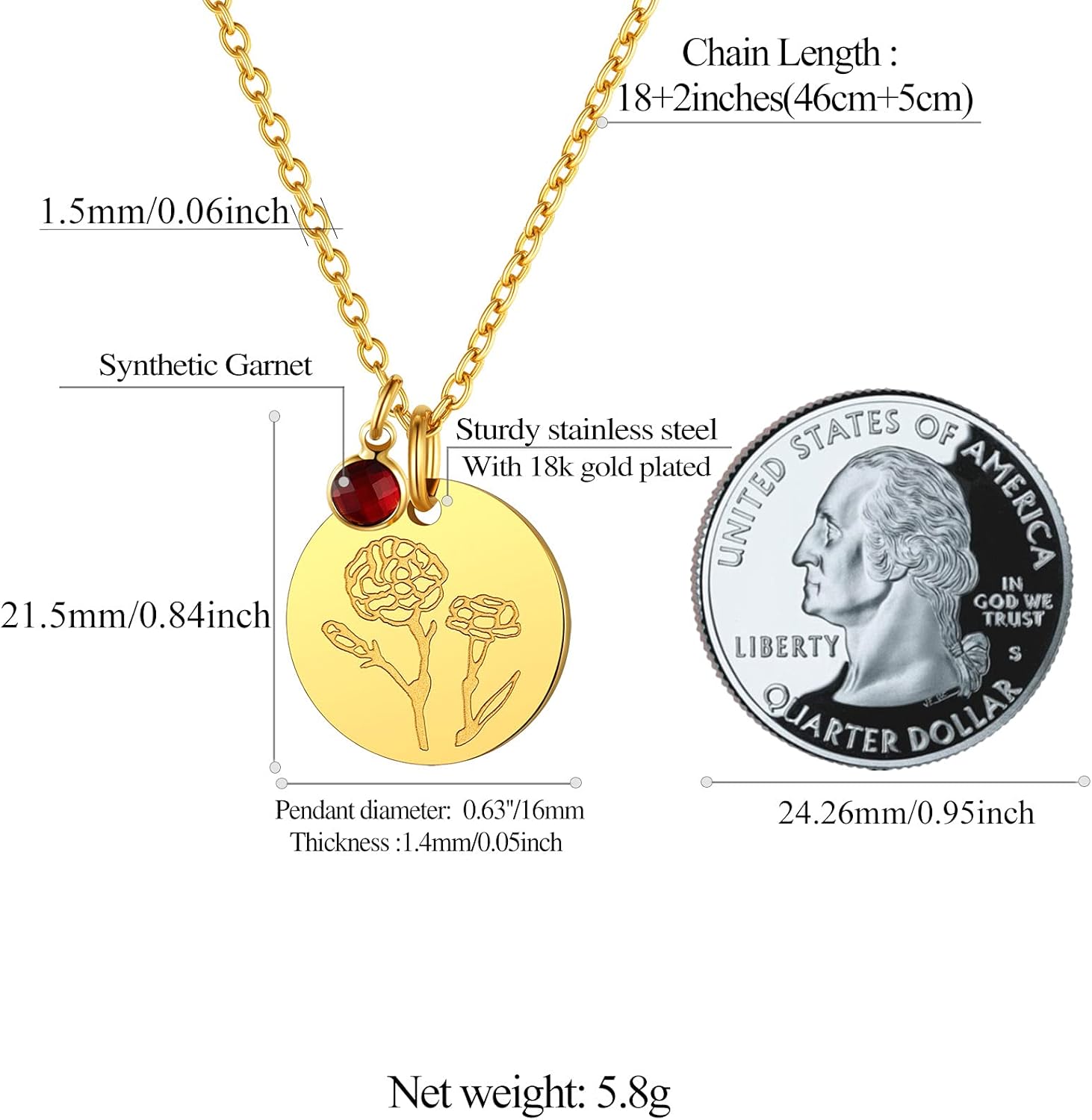 Jan. to Dec. Guardian Month Floral Birth Flower & Birthstone Disc Necklaces