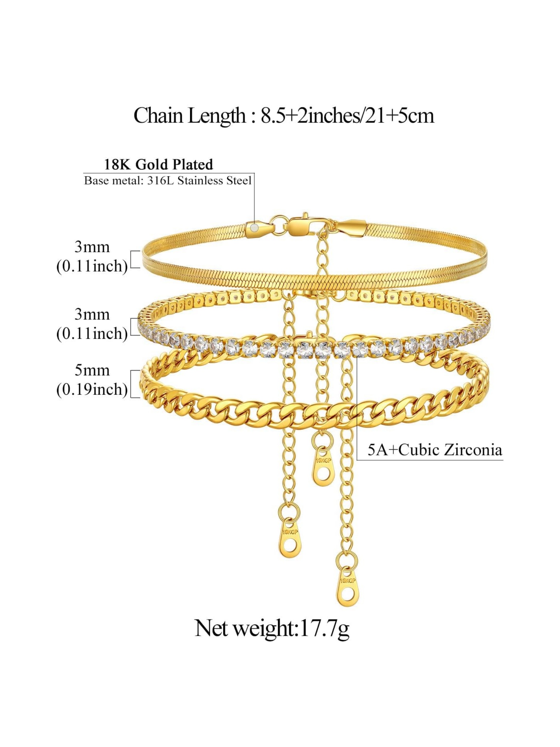 3PCS Herringbone & Tennis & Cuban Link Herringbone Link Foot Jewelry Set