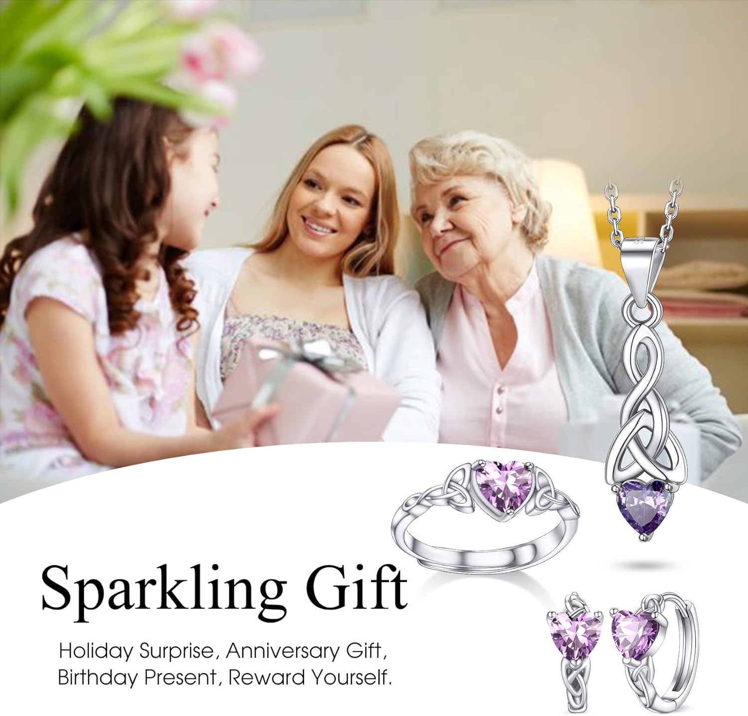 June Purple Alexandrite Heart Celtic Knot Birthstone Hoop Earrings