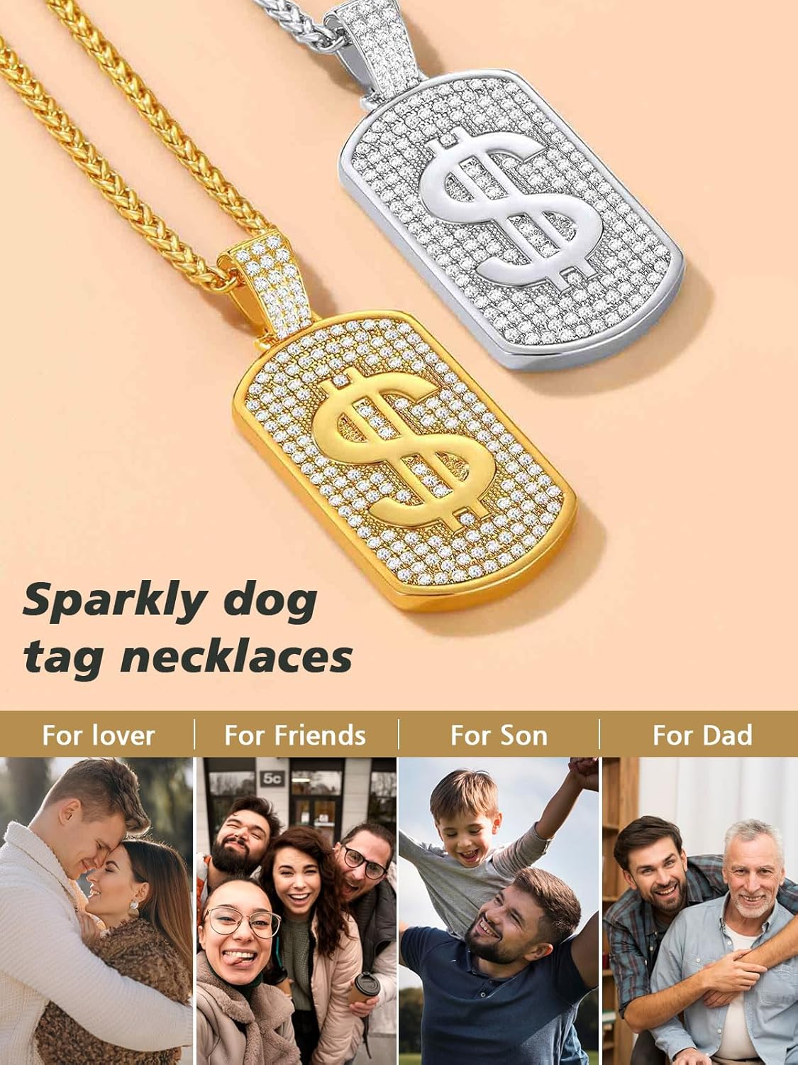 Money Chain Dog Tag Dollar Sign Cubic Zirconia Necklaces