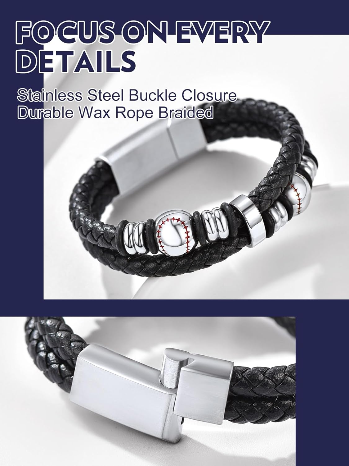 Double Row Black Braided Leather Wristband Baseball Beaded Bangle