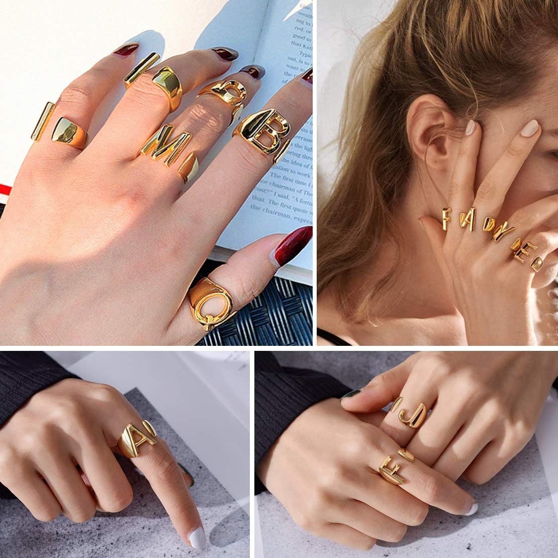 18K Gold Plated Initial Alphabet Letter A to Z Resizable Knuckle Fashion Cuff Rings  for Women