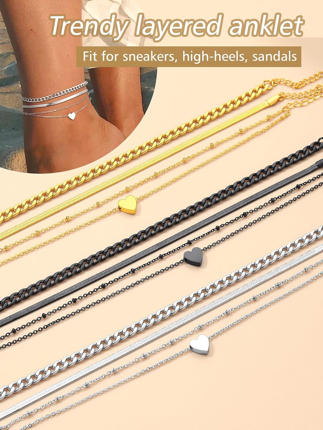 3PCS Cuban & Herringbone & Beaded Heart Ankle Set