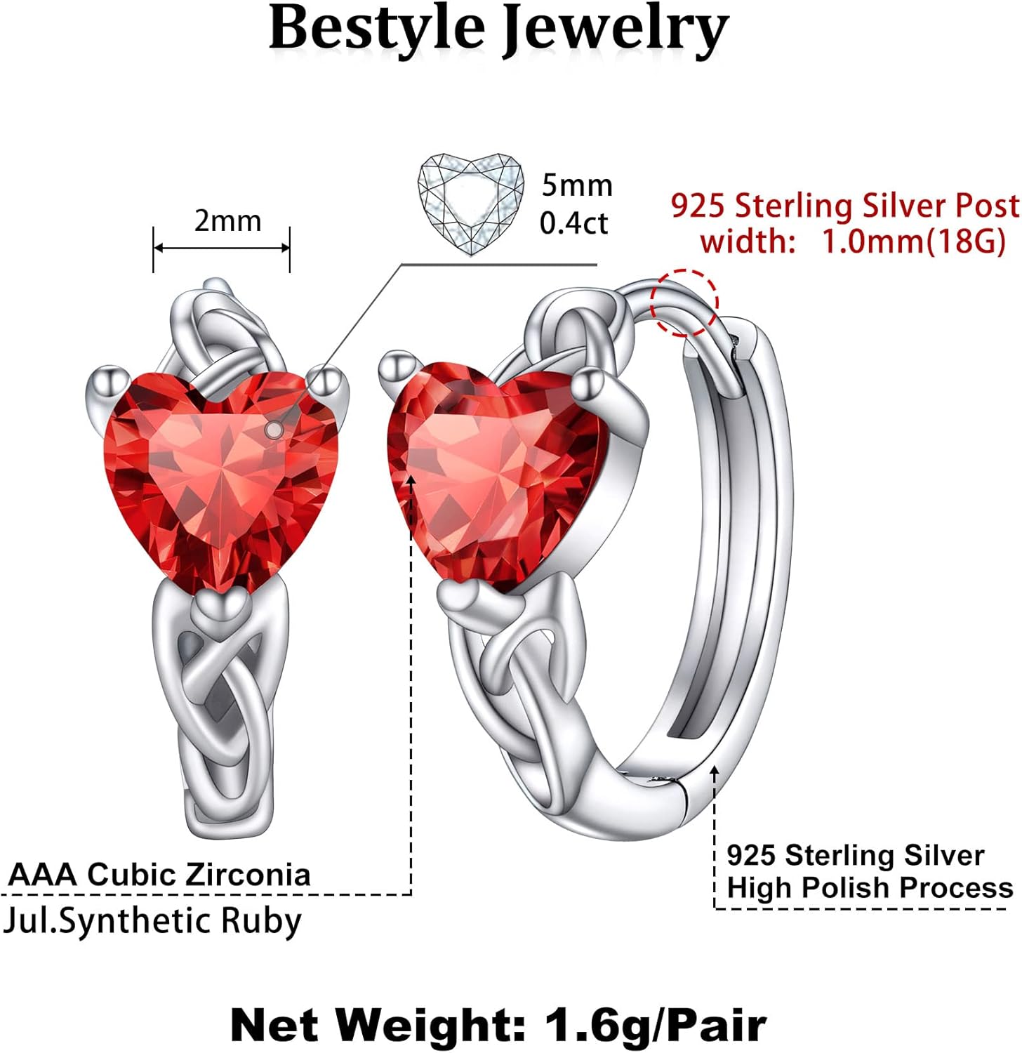 July Red Ruby Heart Celtic Knot Birthstone Hoop Earrings