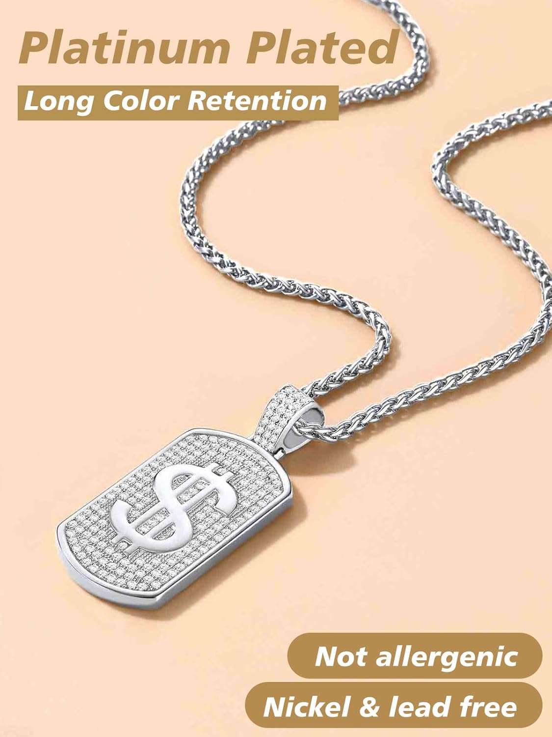 Money Chain Dog Tag Dollar Sign Cubic Zirconia Necklaces