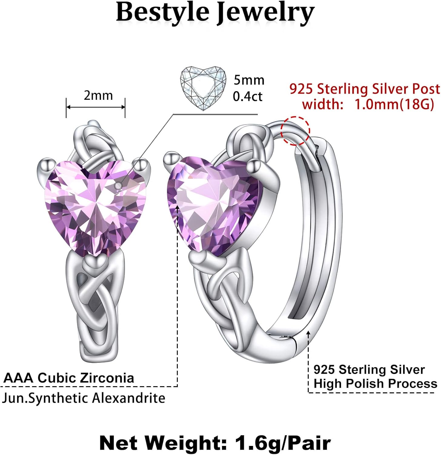 June Purple Alexandrite Heart Celtic Knot Birthstone Hoop Earrings