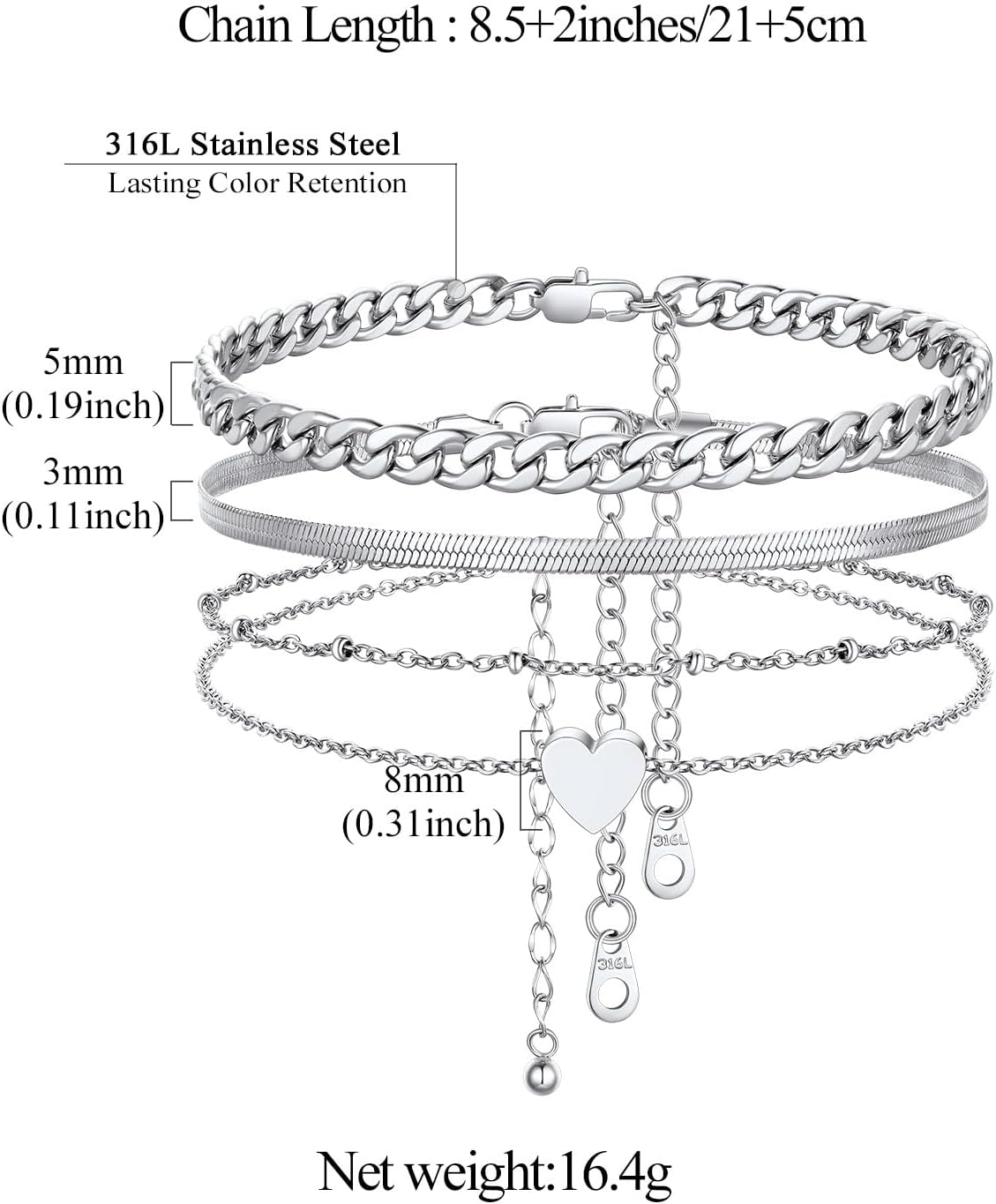 3PCS Cuban & Herringbone & Beaded Heart Ankle Set