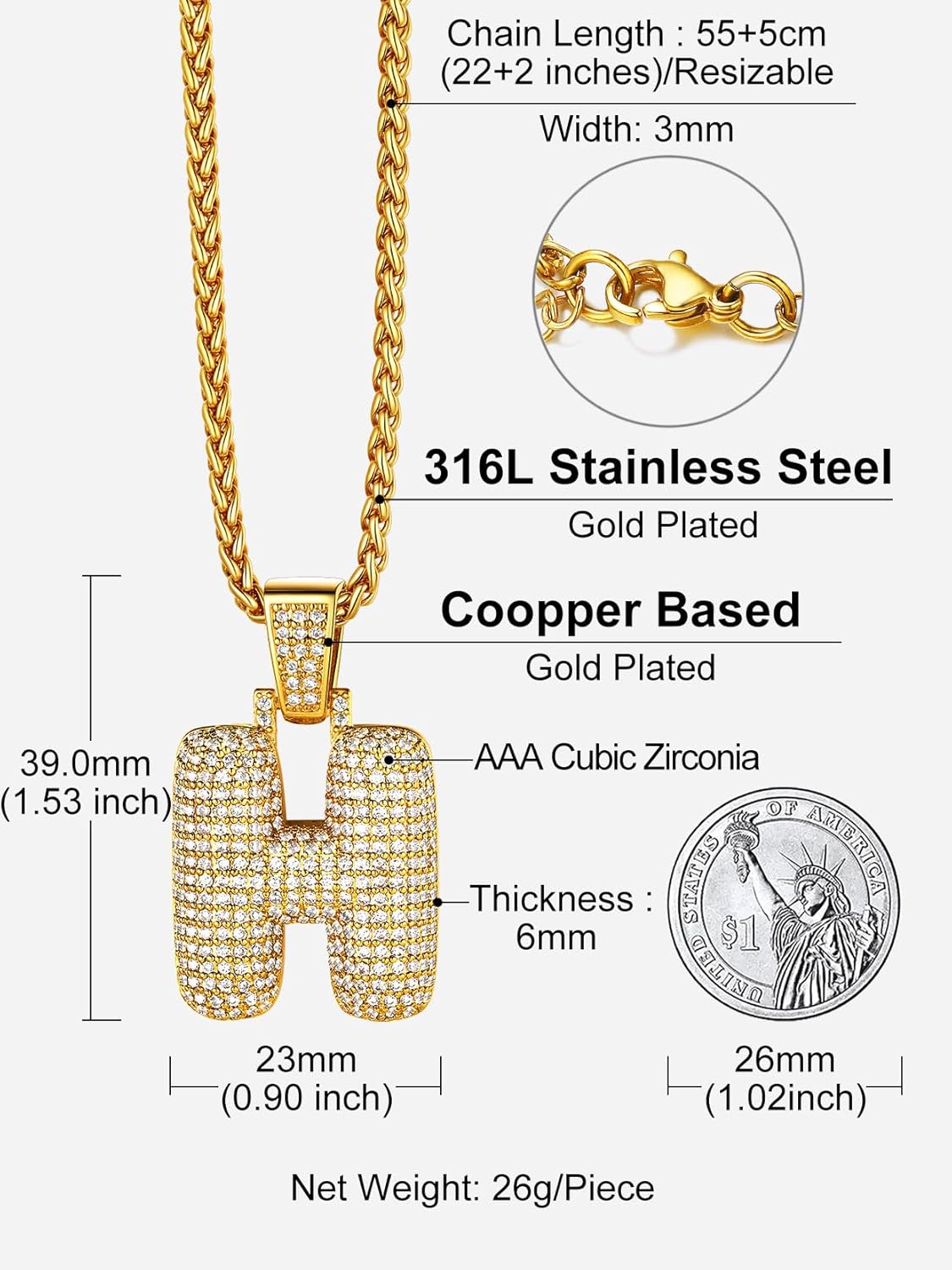 Initial Bubble H 18K Gold Plated Shiny Cubic Zirconia Monogram Pendant Necklaces
