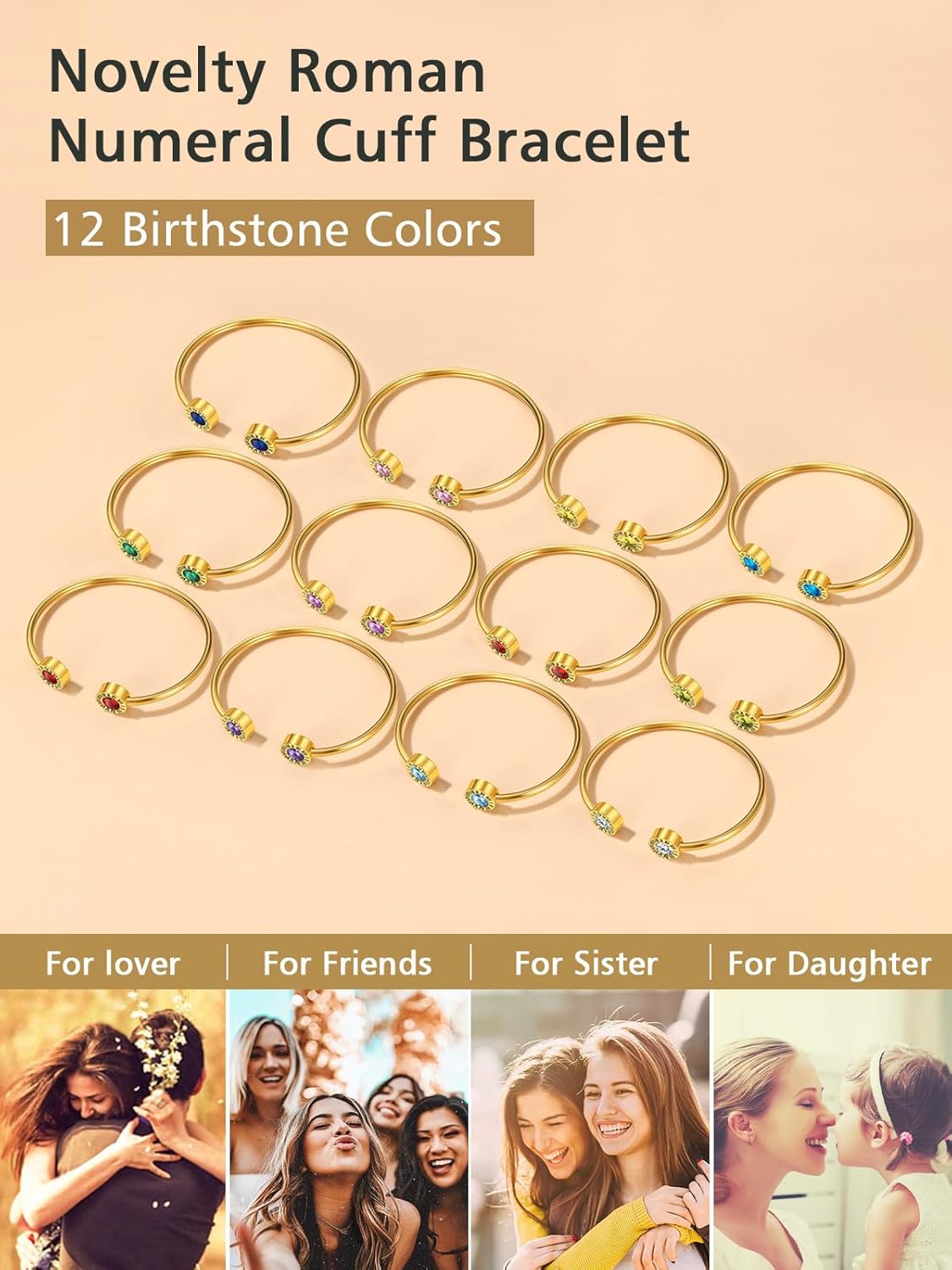 Stainless Steel Birthstones Cuff Bracelets with Roman Numerals in Different Month Colors