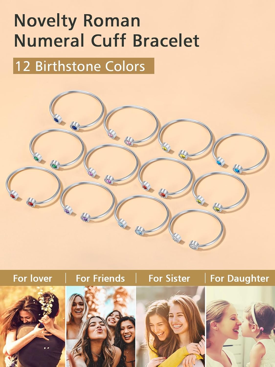 Stainless Steel Birthstones Cuff Bracelets with Roman Numerals 