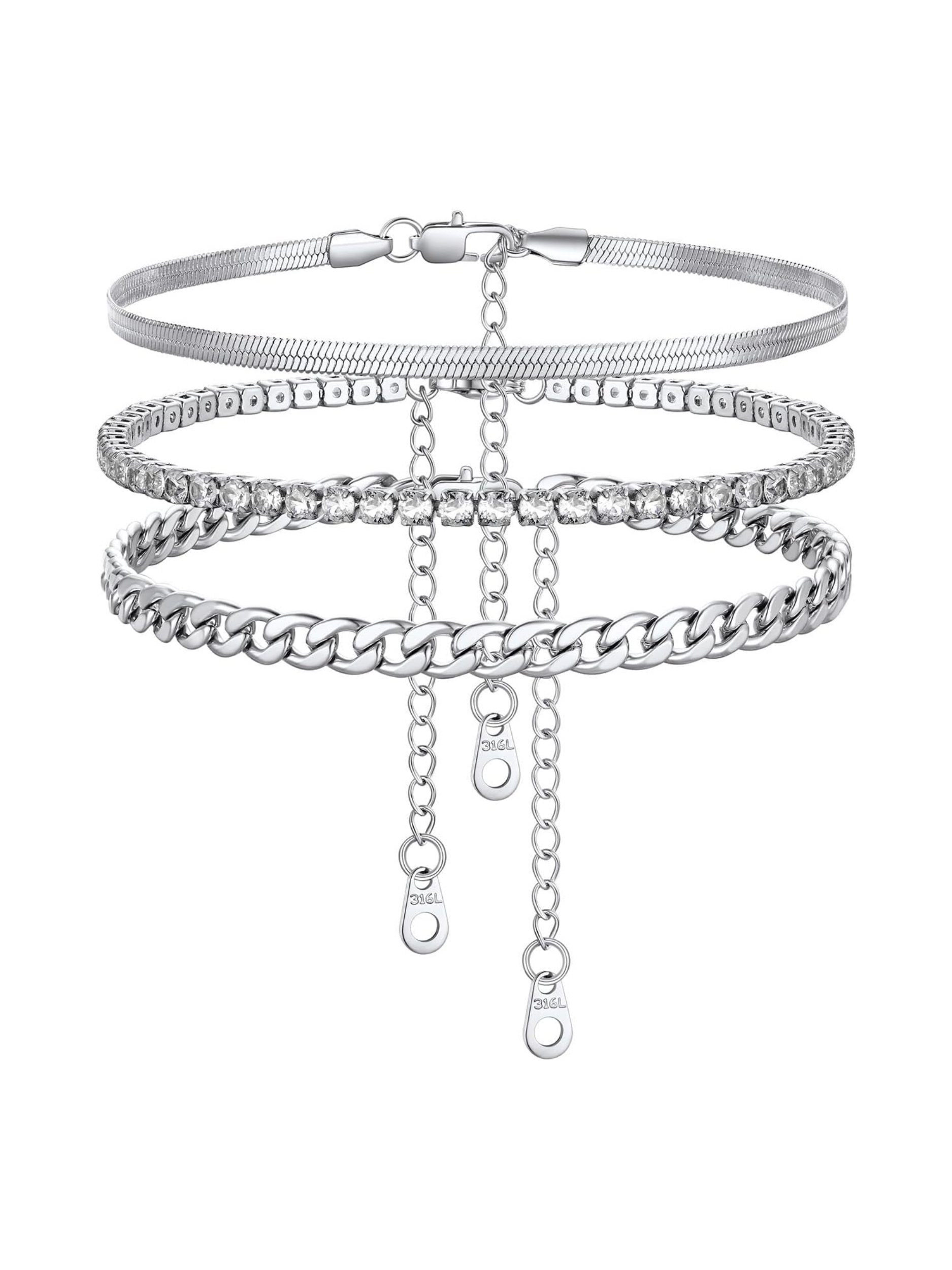 3PCS Herringbone & Tennis & Cuban Link Herringbone Link Foot Jewelry Set