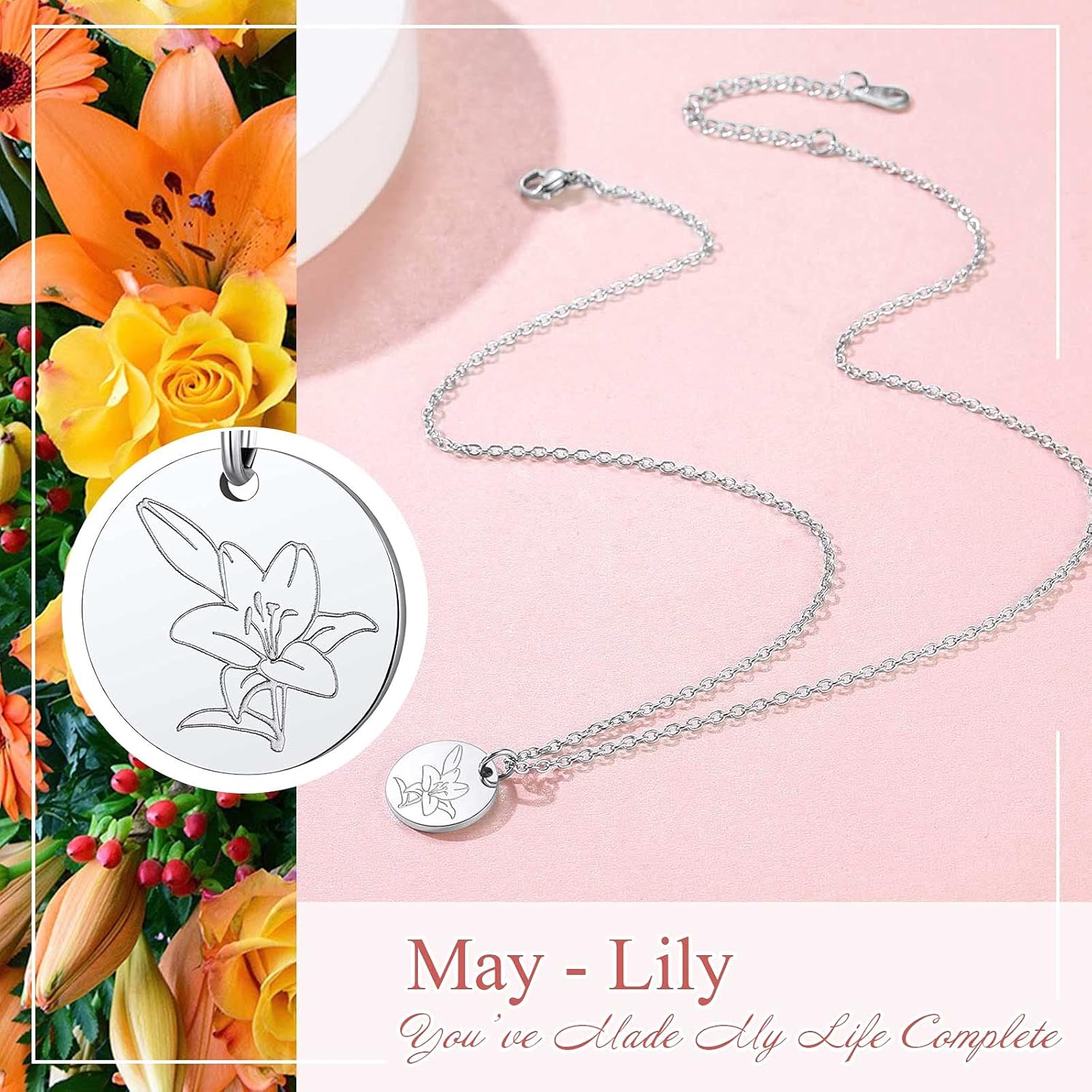 Jan. to Dec. Guardian Month Floral Birth Flower Disc Necklaces