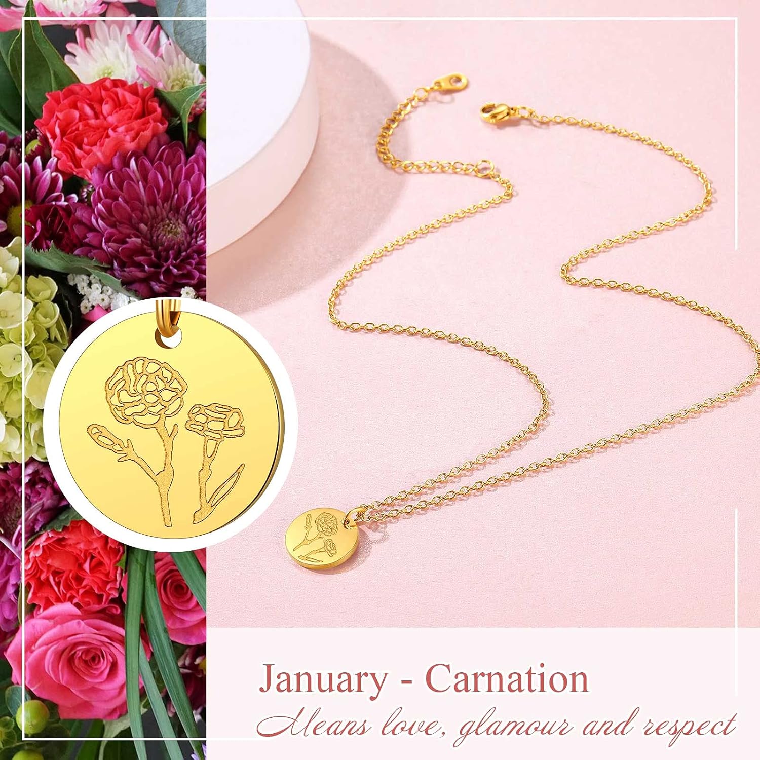Jan. to Dec. Guardian Month Floral Birth Flower Disc Necklaces