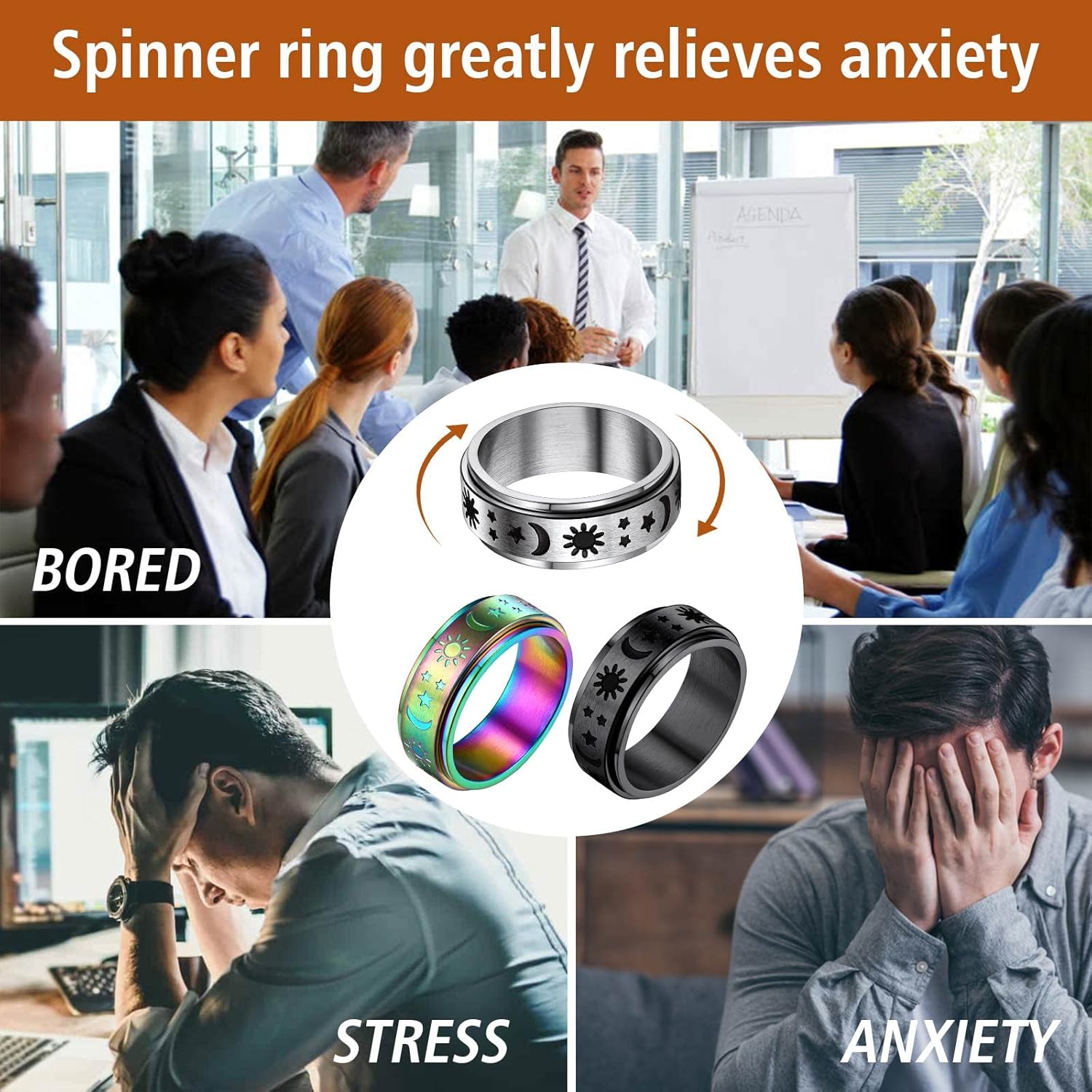 Stainless Steel Spinner Moon and Sun Mixed Color Band Rings