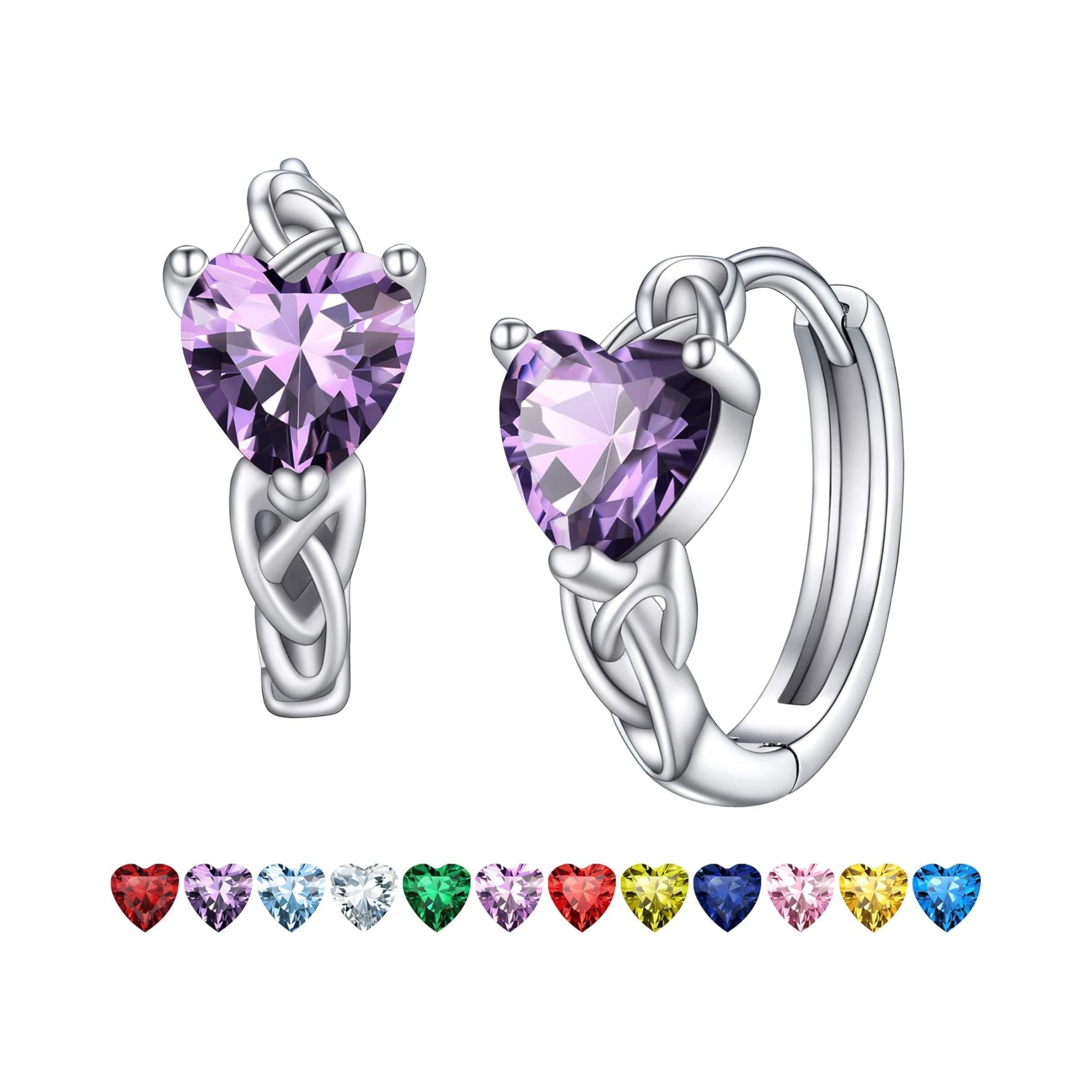 February Purple Amethyst Heart Celtic Knot Birthstone Hoop Earrings