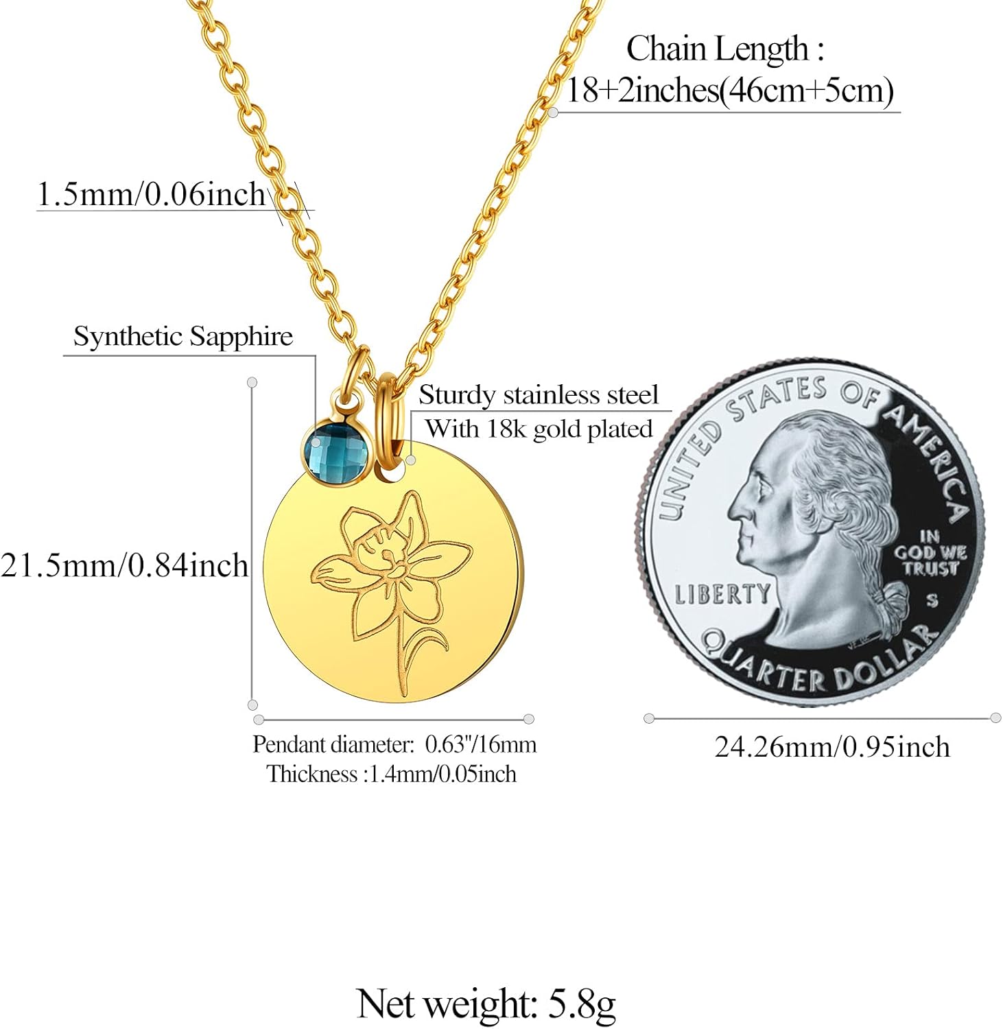 Jan. to Dec. Guardian Month Floral Birth Flower & Birthstone Disc Necklaces