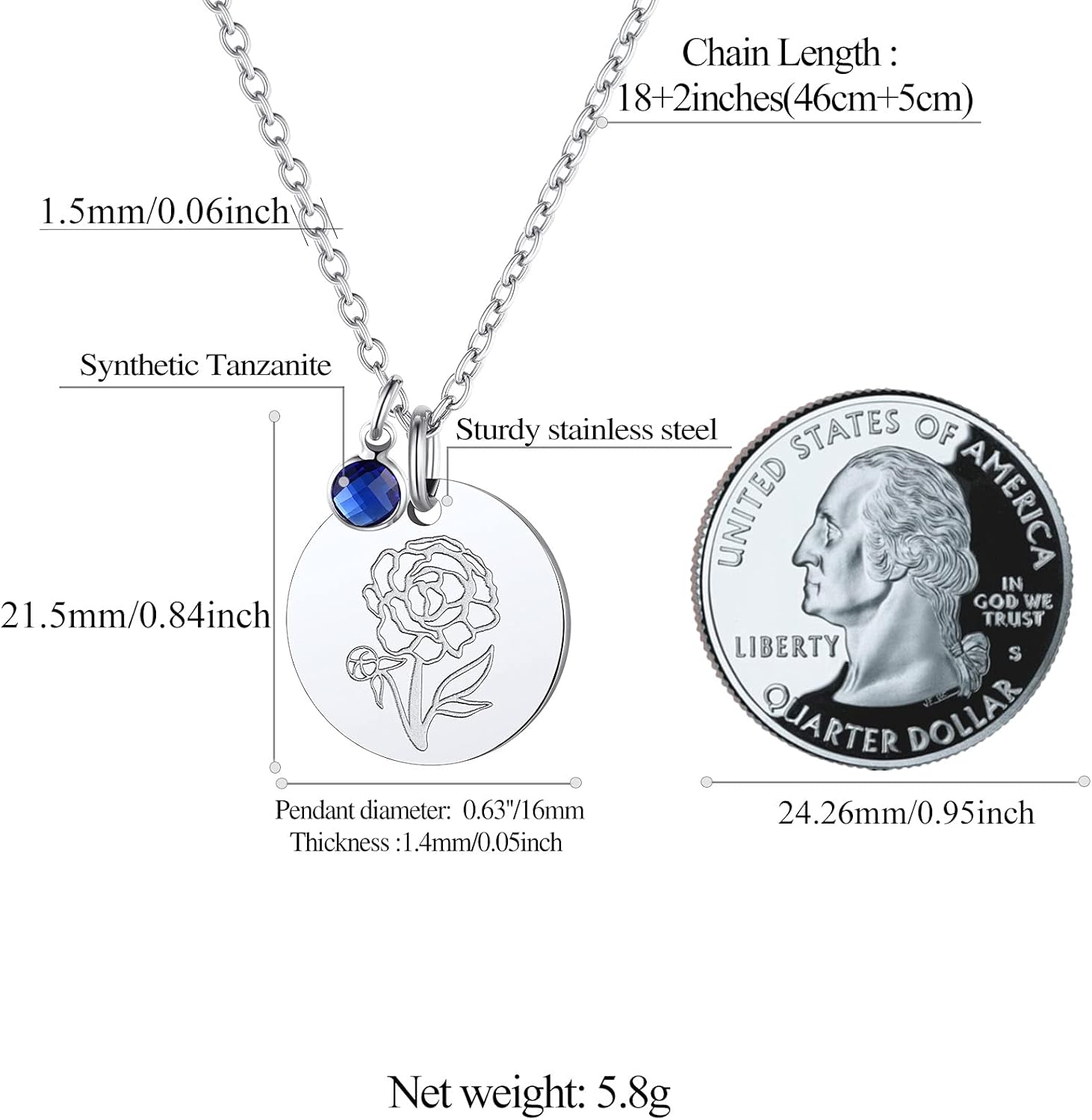 Jan. to Dec. Guardian Month Floral Birth Flower & Birthstone Disc Necklaces