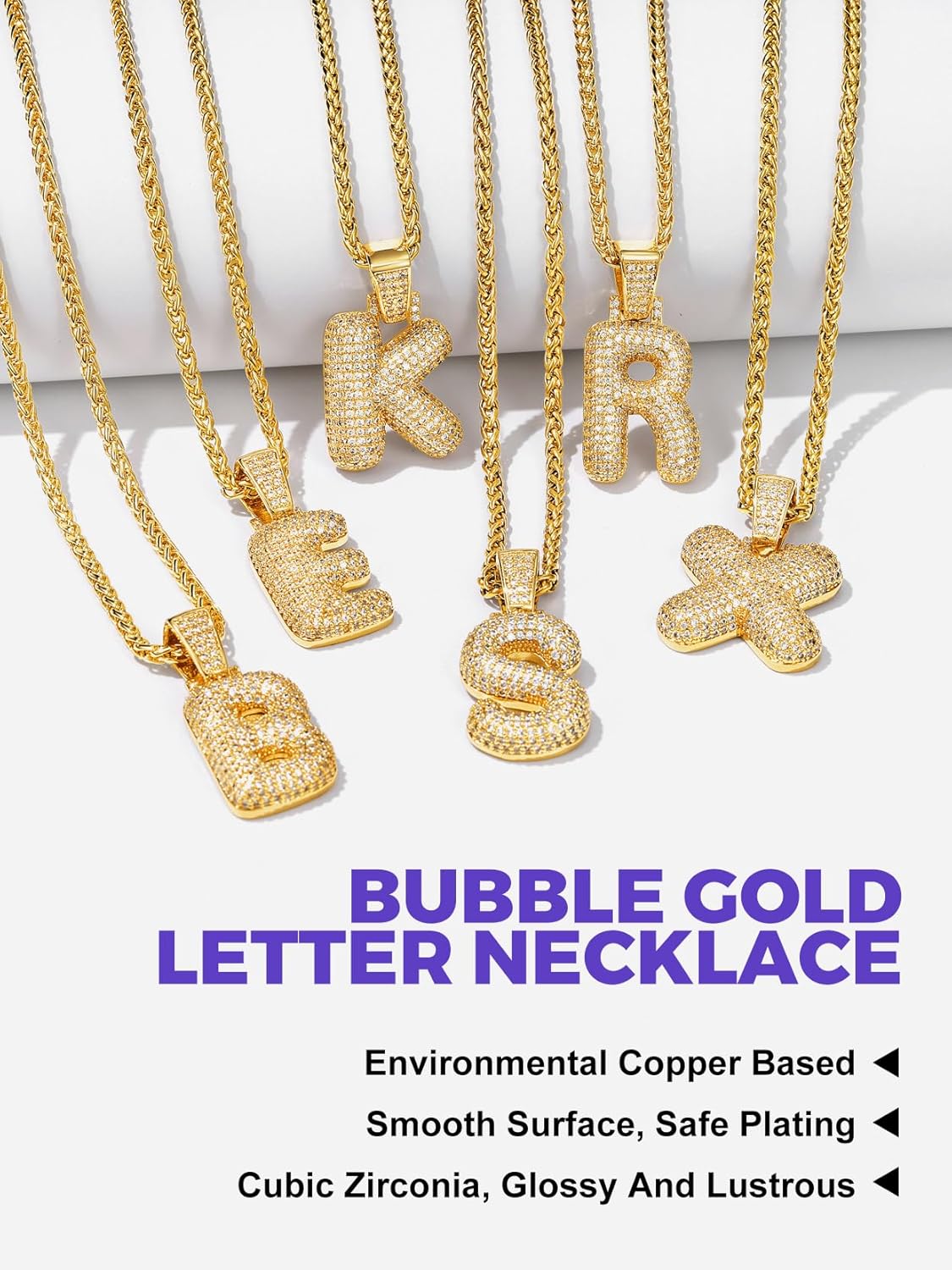 Initial Bubble H 18K Gold Plated Shiny Cubic Zirconia Monogram Pendant Necklaces