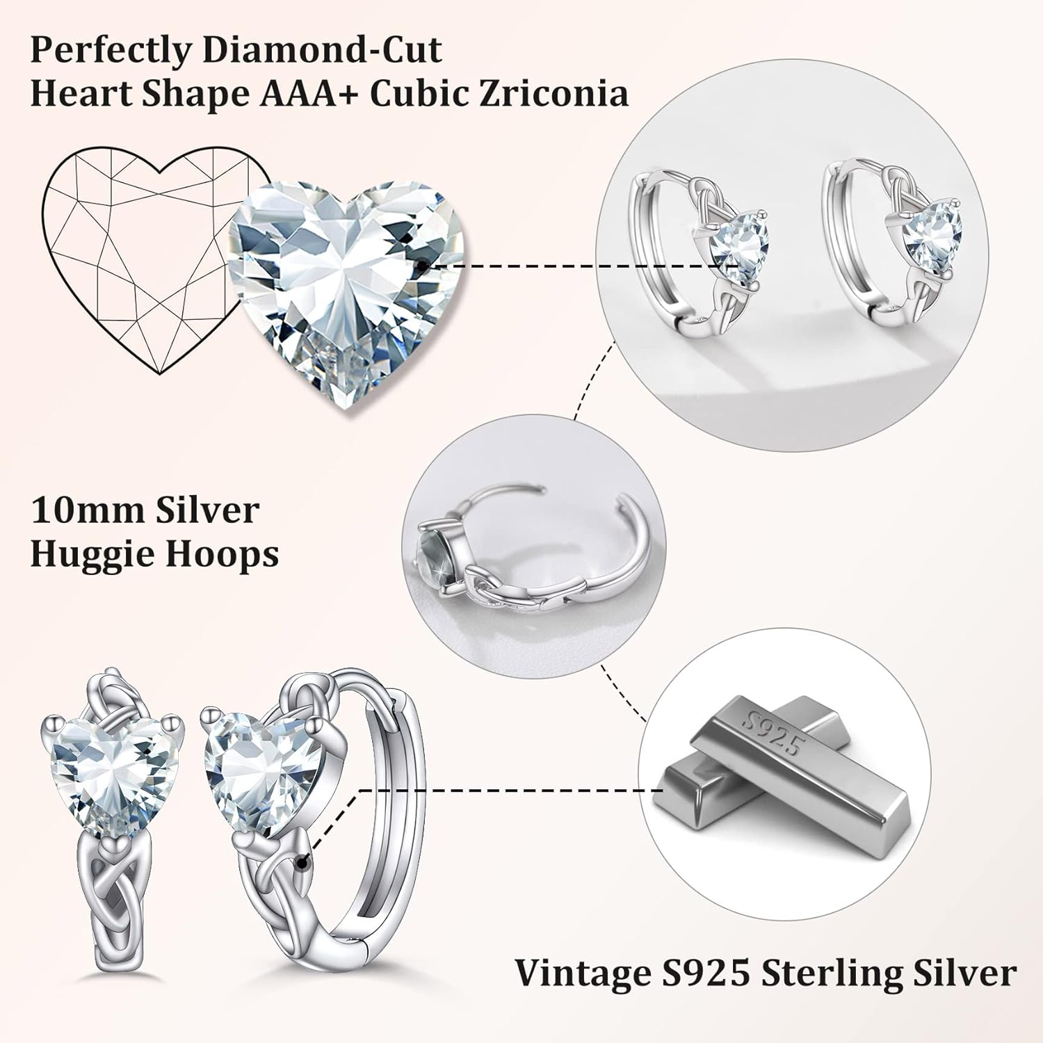 April White Diamond Heart Celtic Knot Birthstone Hoop Earrings