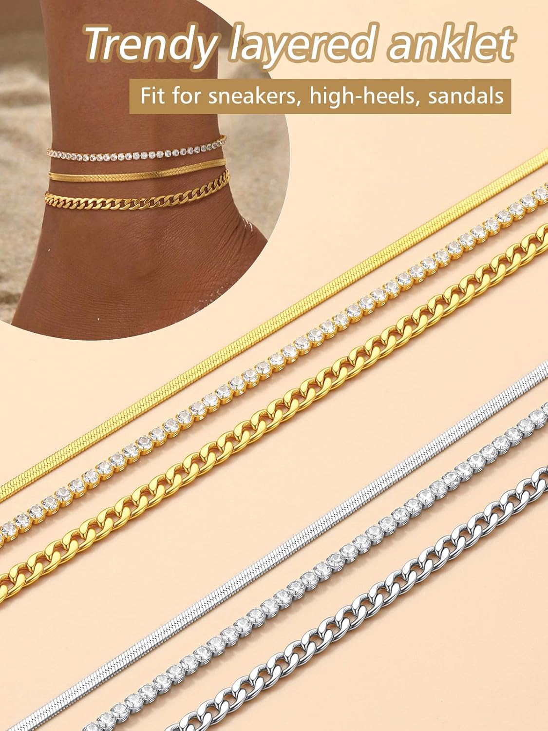 3PCS Herringbone & Tennis & Cuban Link Herringbone Link Foot Jewelry Set
