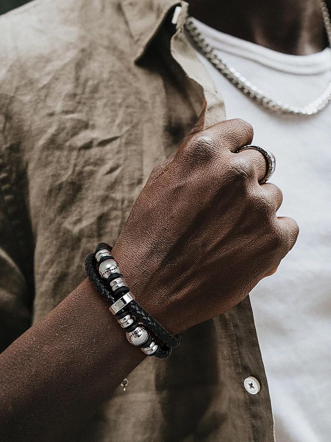 Double Row Black Braided Leather Wristband Baseball Beaded Bangle