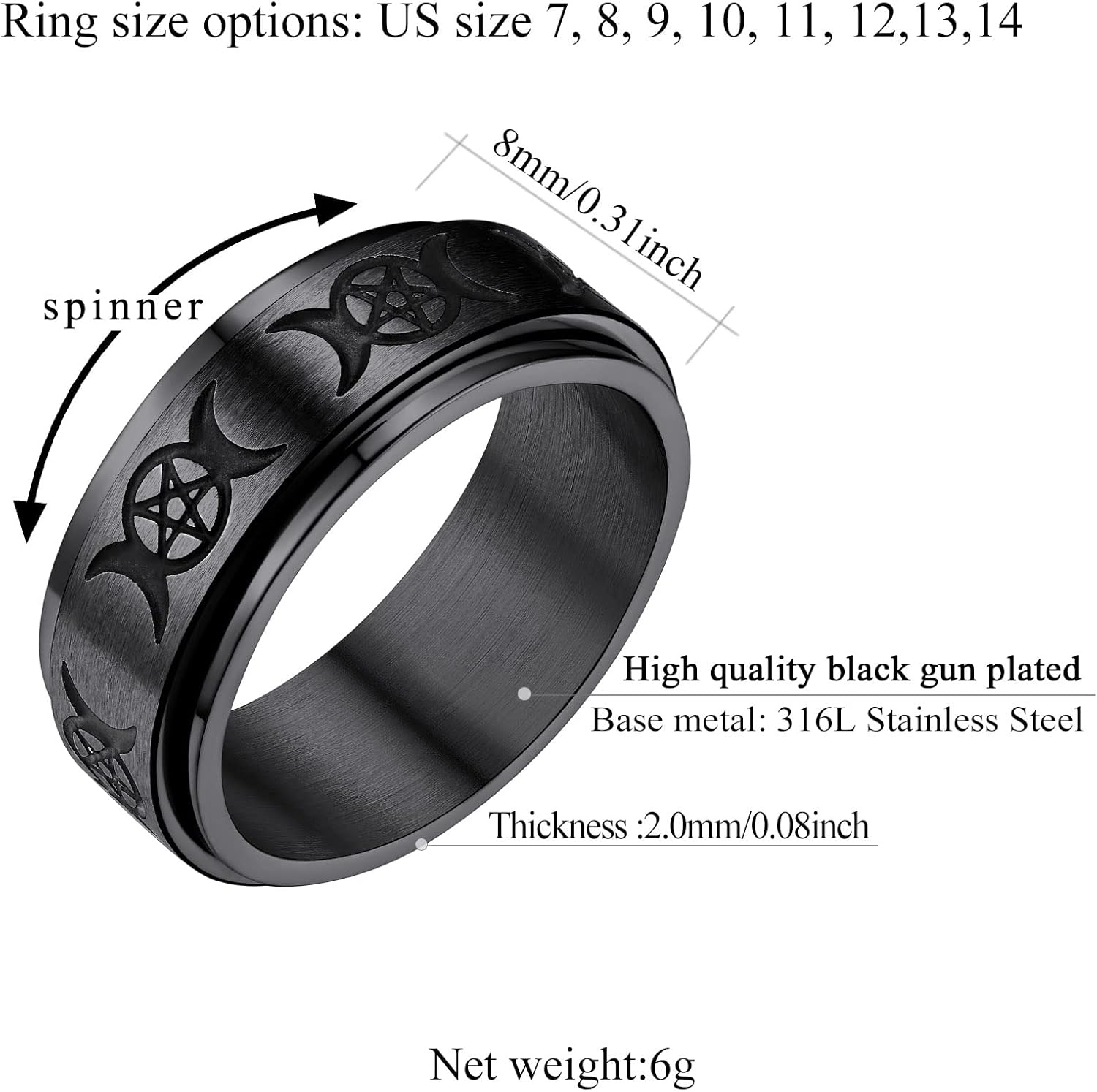 Triple Moons Spinner Band Rings