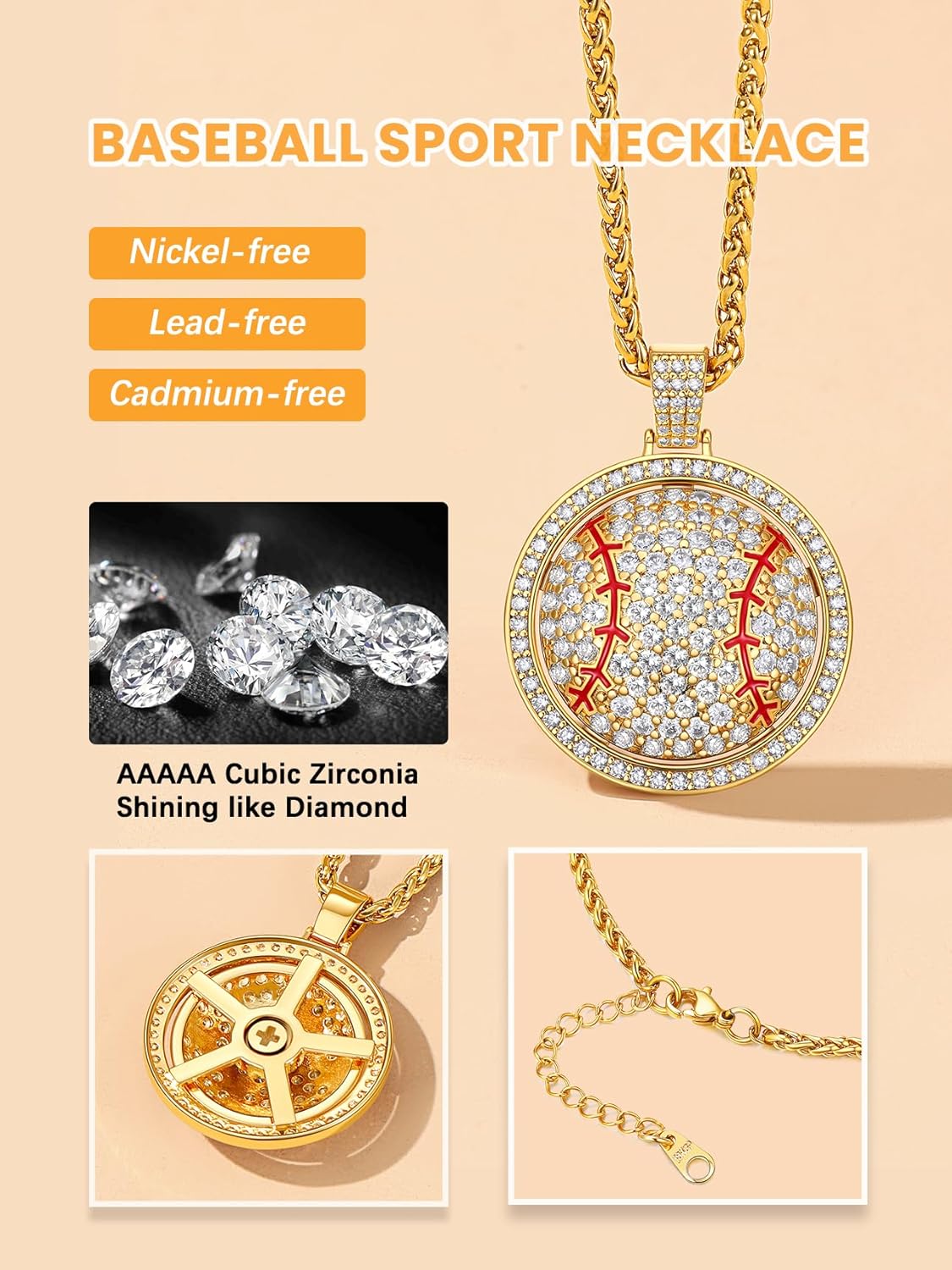 Bling Baseball Spinning Gold Necklace 