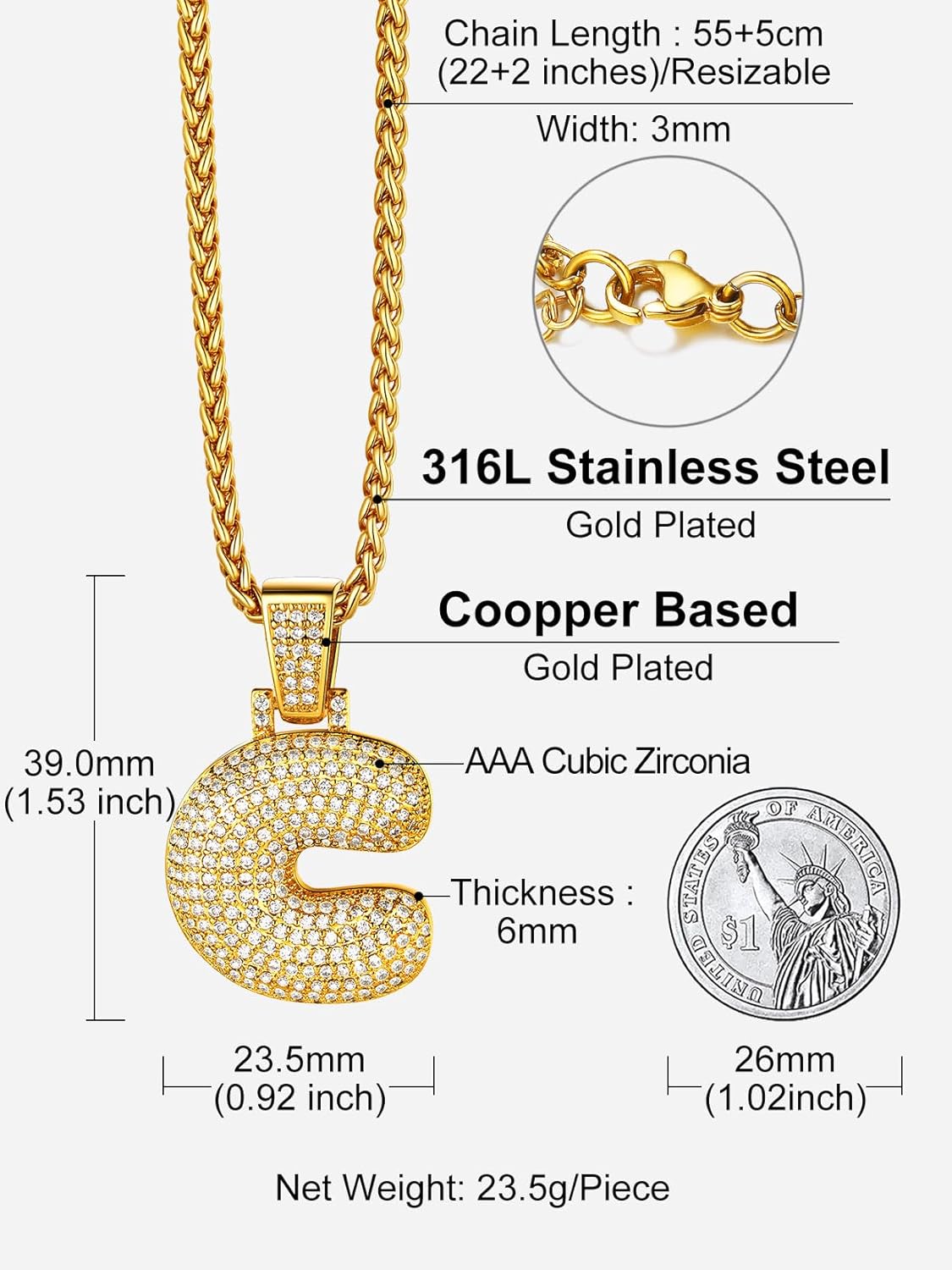 Initial Bubble C 18K Gold Plated Shiny Cubic Zirconia Monogram Pendant Necklaces