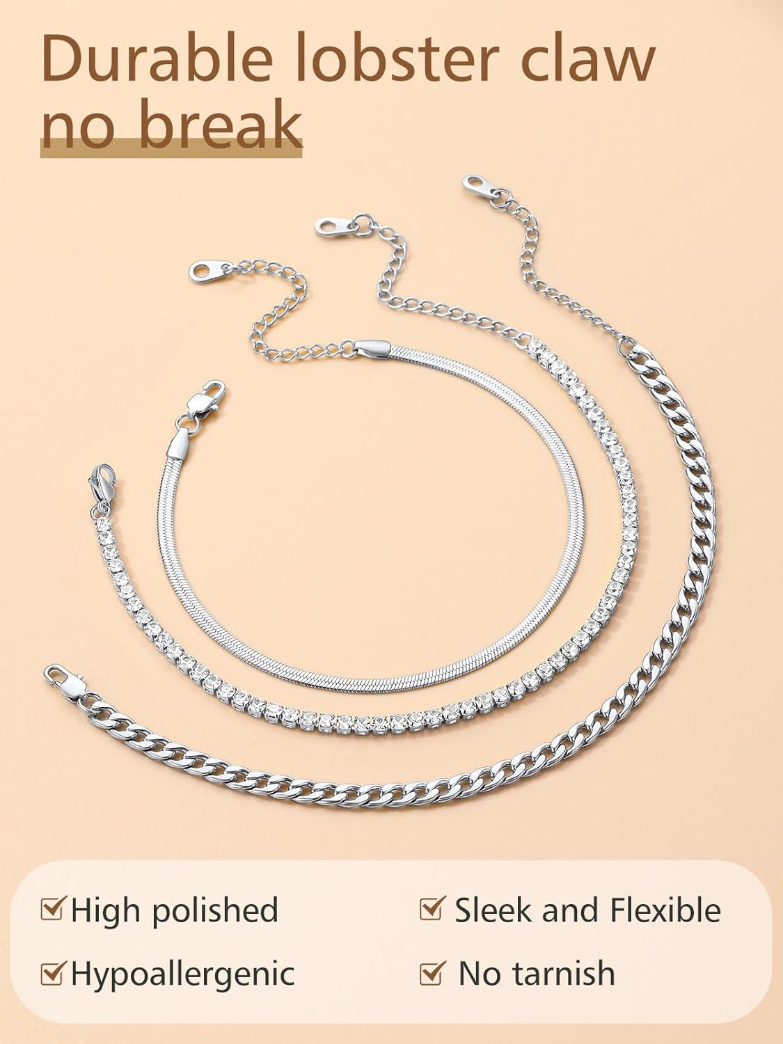 3PCS Herringbone & Tennis & Cuban Link Herringbone Link Foot Jewelry Set