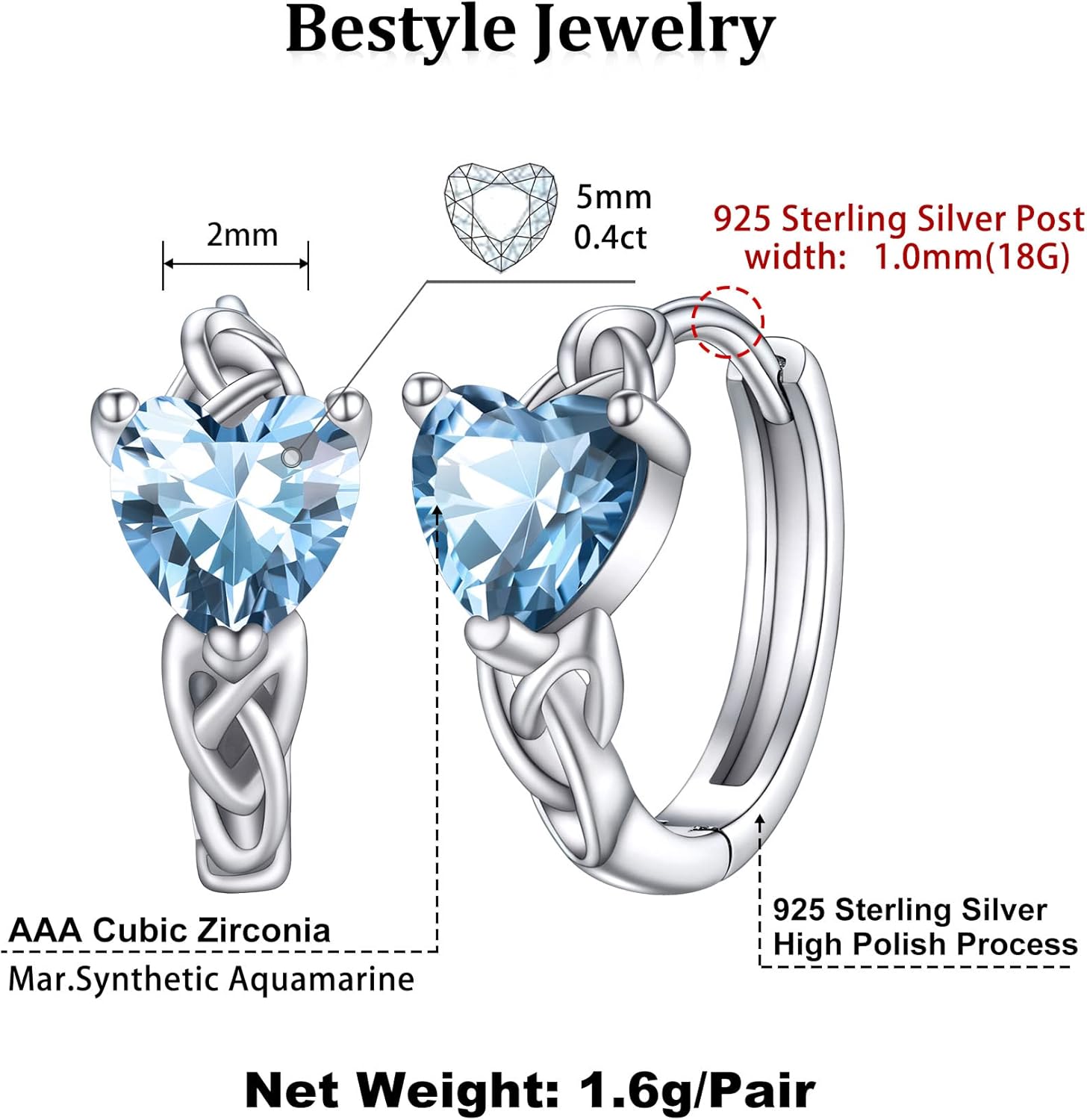 March Blue Aquamarine Heart Celtic Knot Birthstone Hoop Earrings