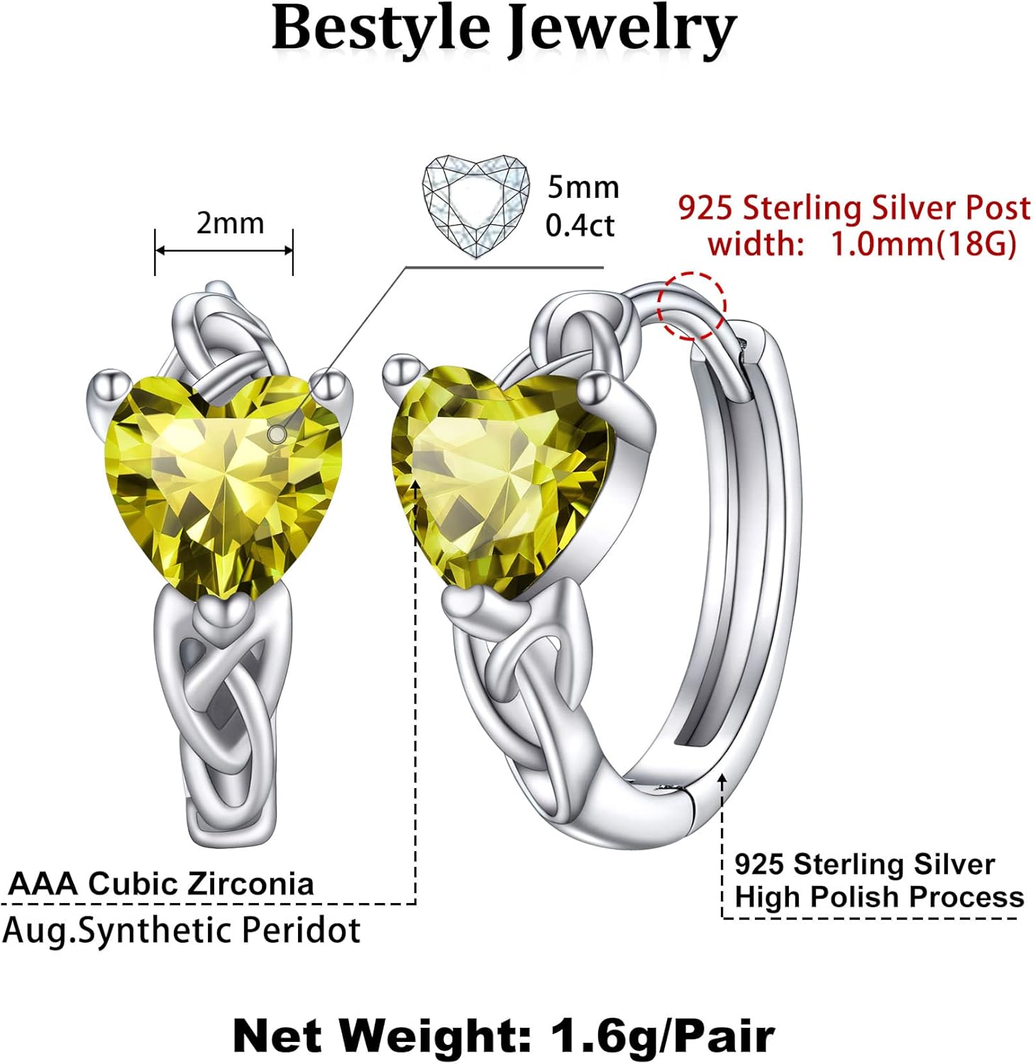 August Peridot Heart Celtic Knot Birthstone Hoop Earrings