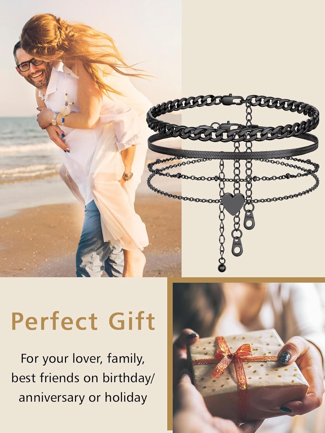 3PCS Cuban & Herringbone & Beaded Heart Ankle