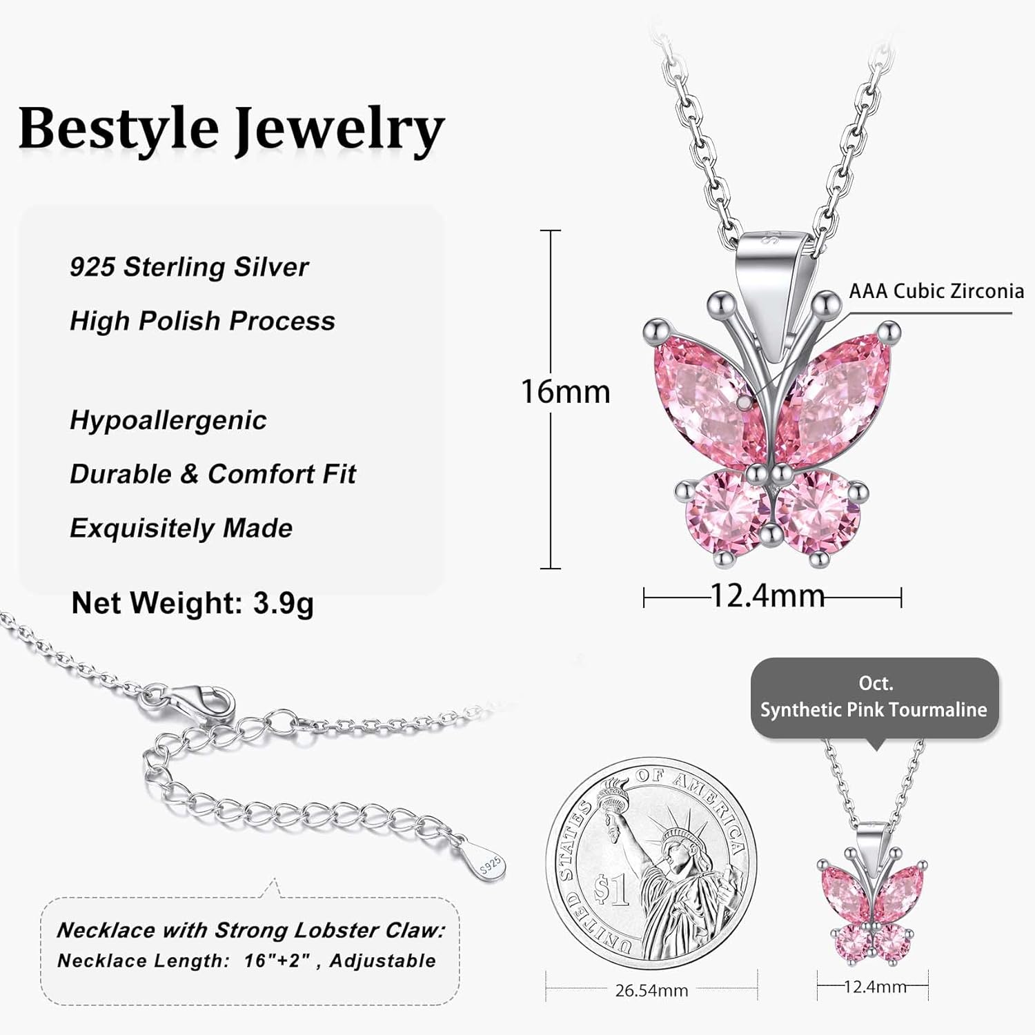 Dazzling October Tourmaline Butterfly Birthstone Necklace