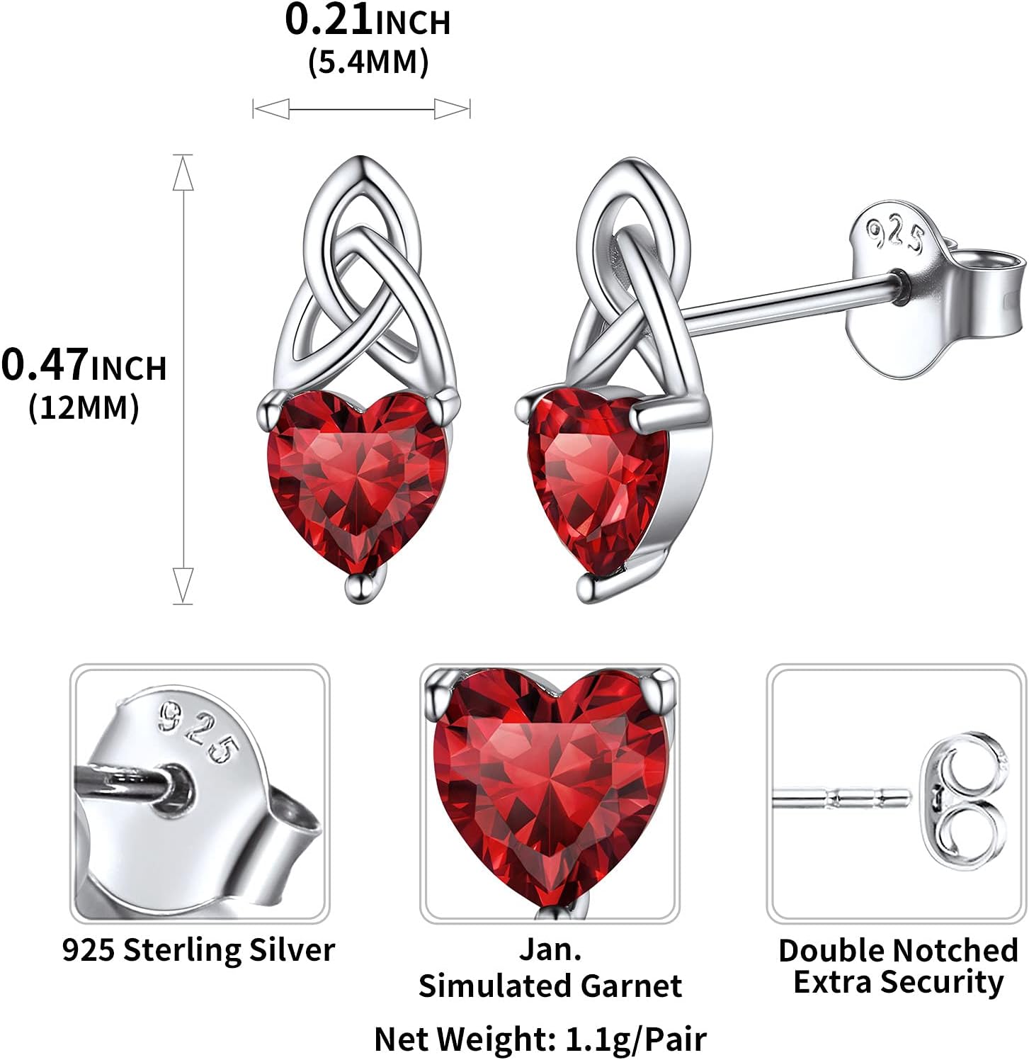 Brilliant Heart Cut Birthstone & Celtic Knot Stud Earrings