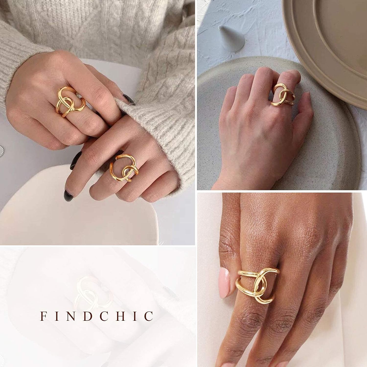 Gold Plated Crossover Stacking Adjustable Rings for Women
