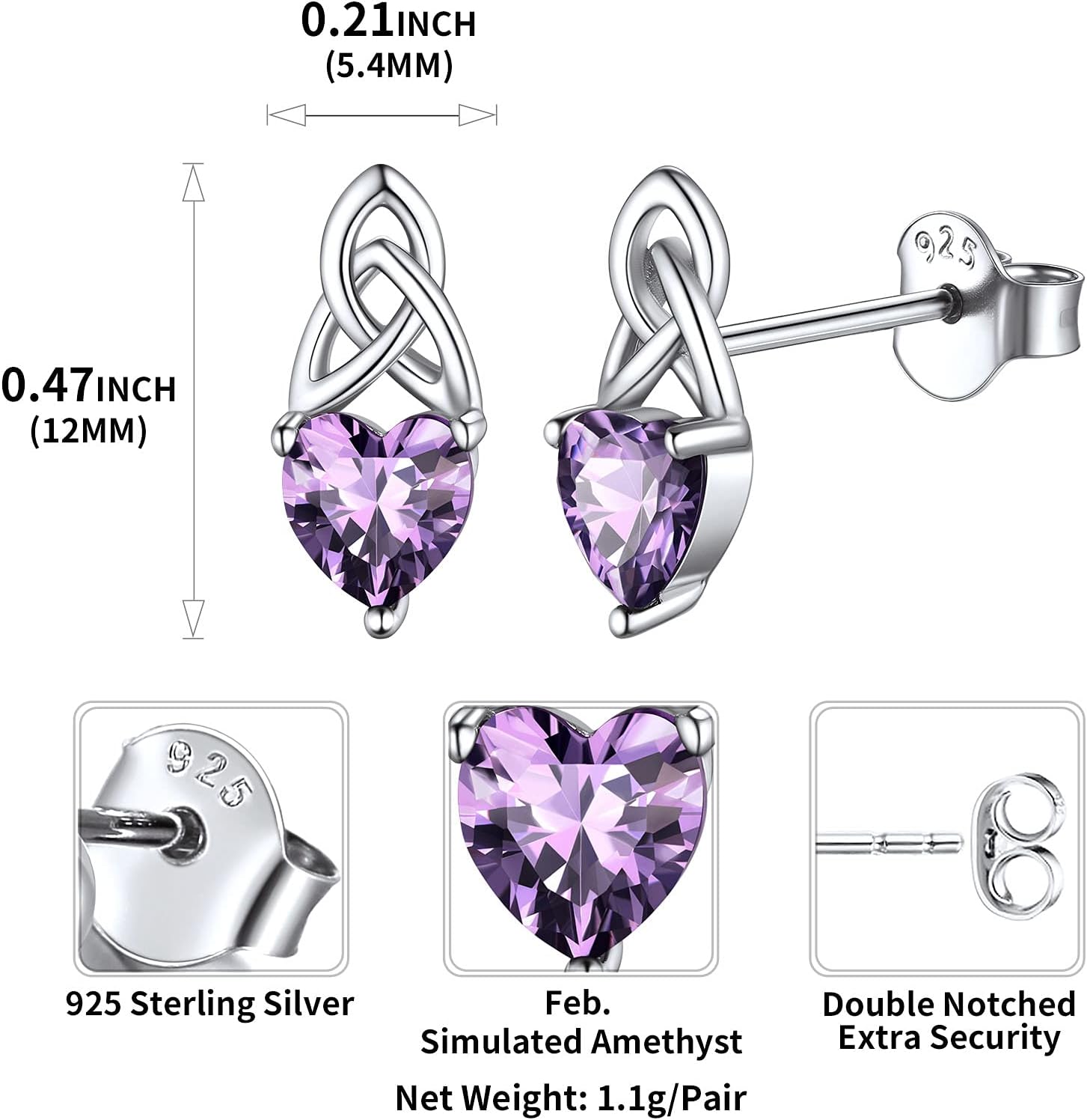 Brilliant Heart Cut Birthstone & Celtic Knot Stud Earrings