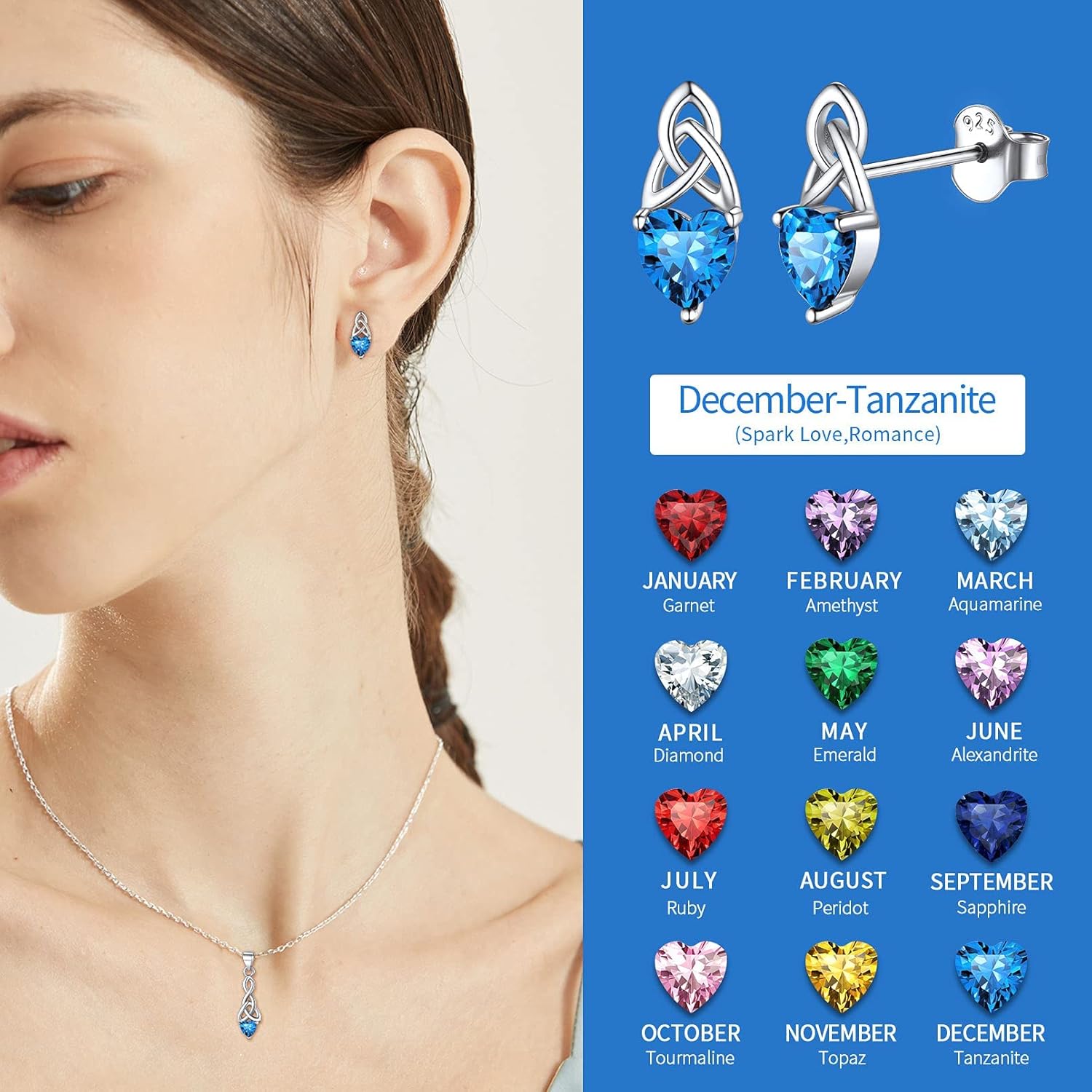 Brilliant Heart Cut Birthstone & Celtic Knot Stud Earrings
