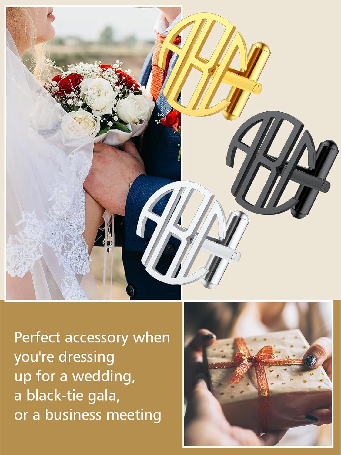 18k Gold Plated Sturdy 316L Stainless Steel Custom 3 Letters Round Cufflinks