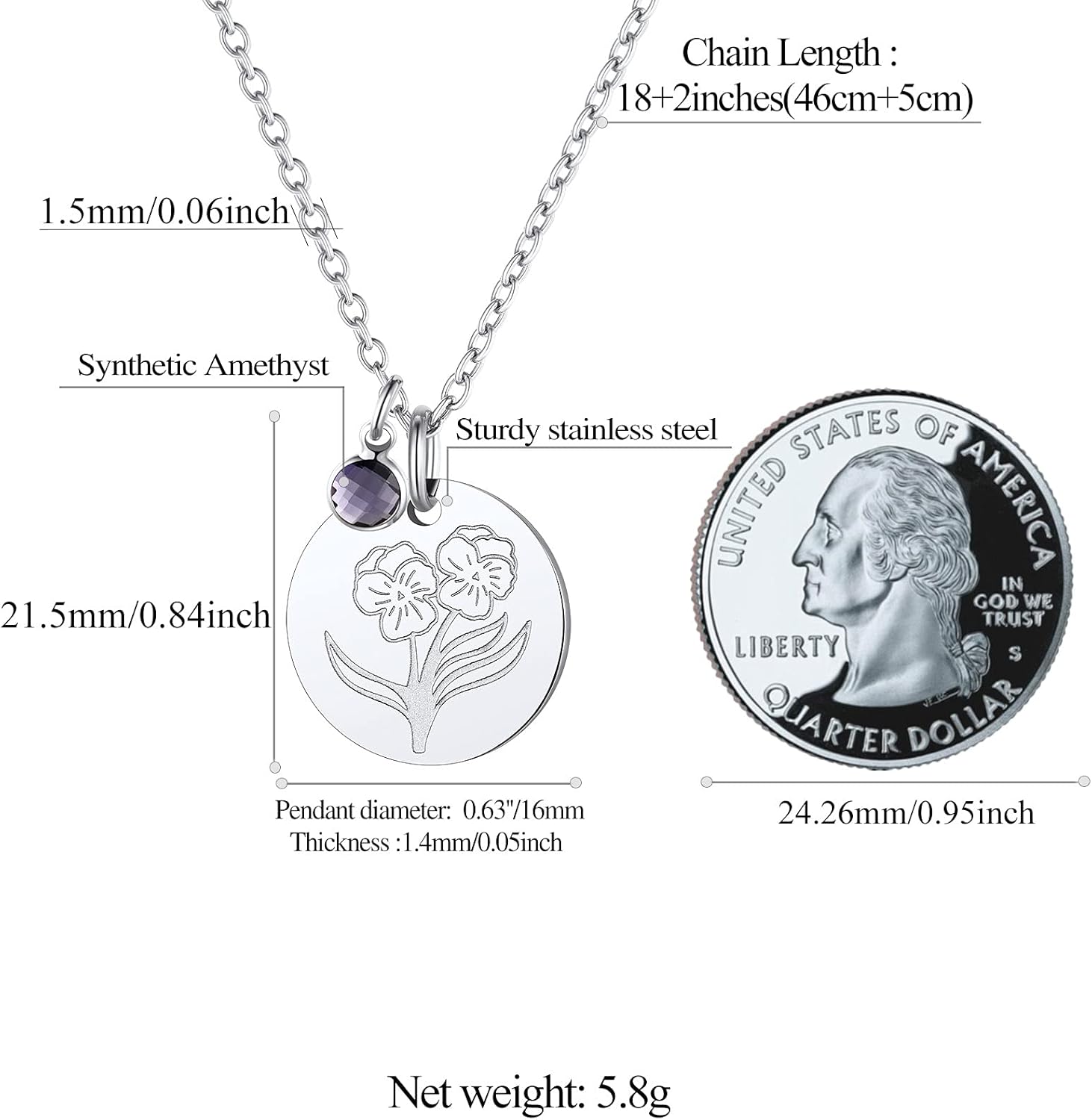 Jan. to Dec. Guardian Month Floral Birth Flower & Birthstone Disc Necklaces