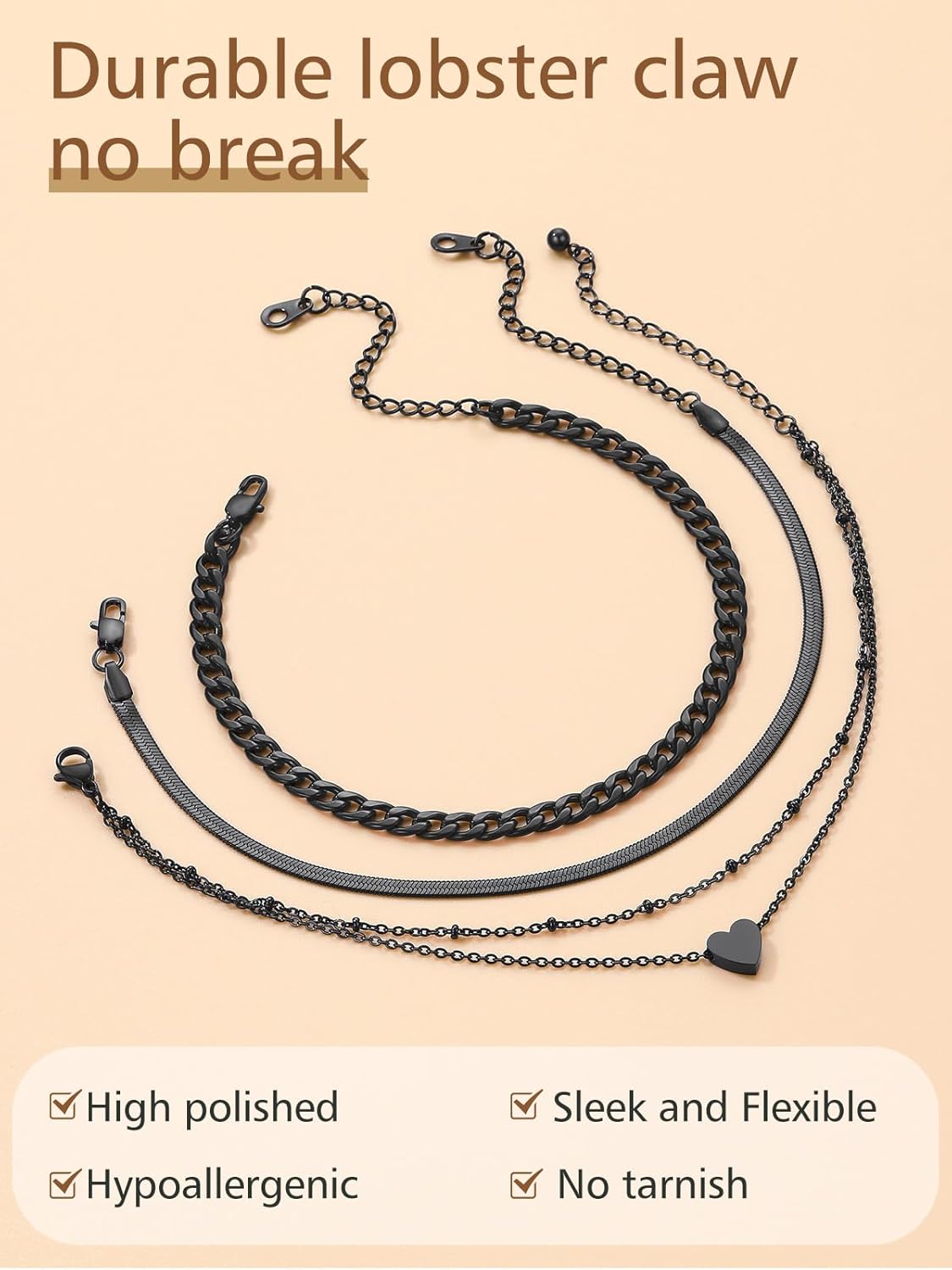 3PCS Cuban & Herringbone & Beaded Heart Ankle