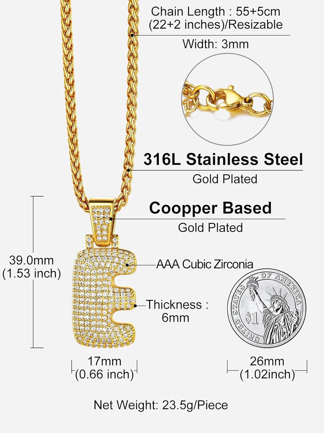 Initial Bubble E 18K Gold Plated Shiny Cubic Zirconia Monogram Pendant Necklaces